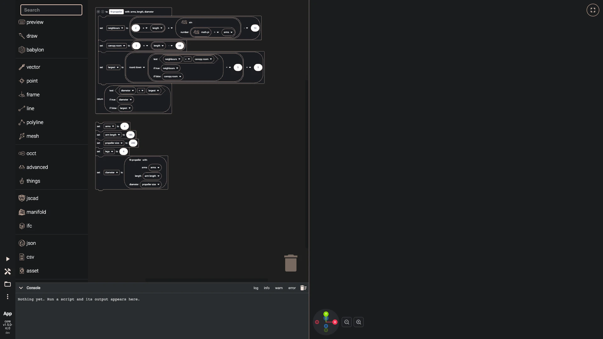 Build a drone in the Blockly editor, sizes, stage and the frame: Four variables size the whole drone: the arms, how long they are, the propeller's diameter and the legs.