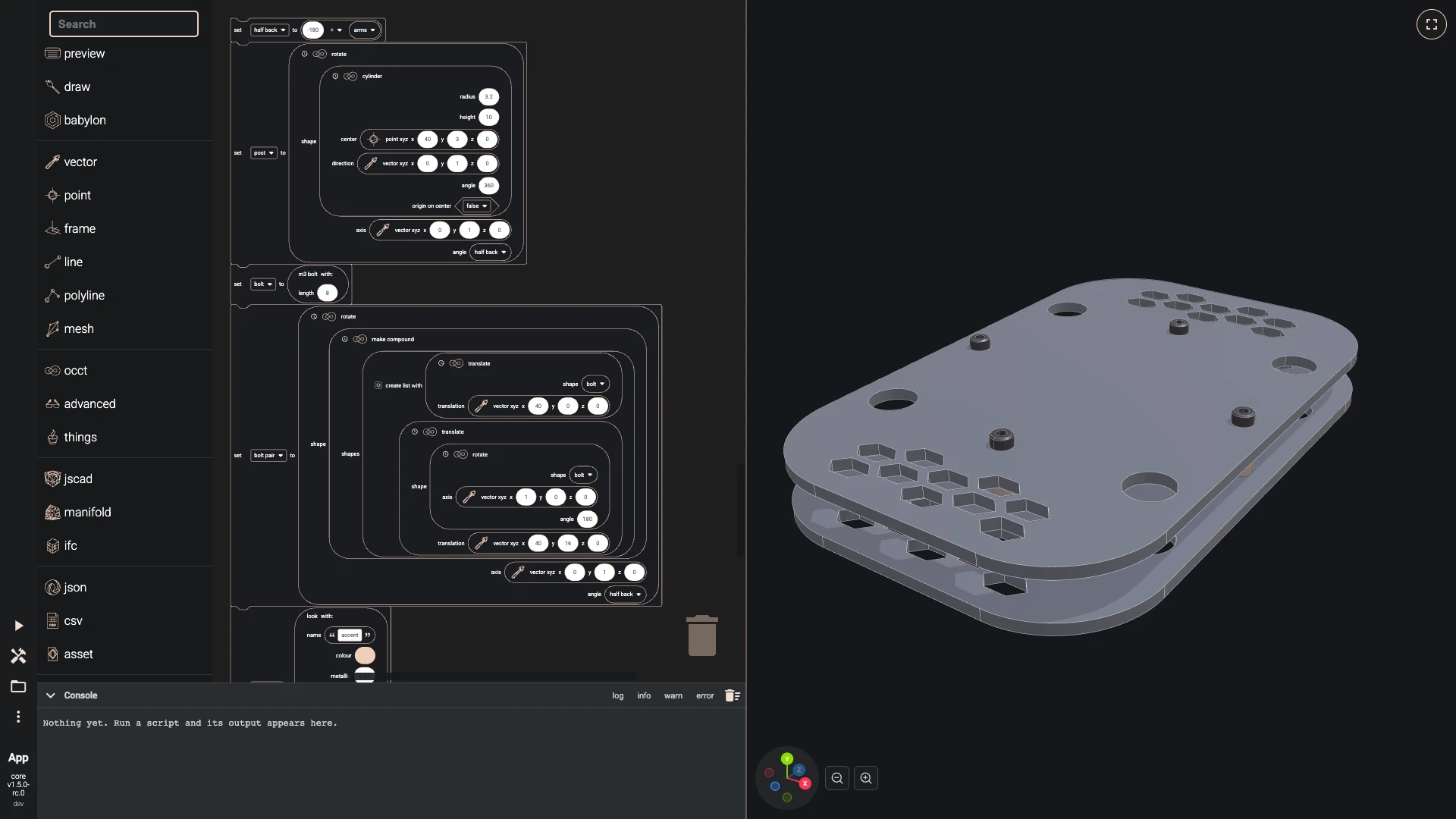 Build a drone in the Blockly editor, around, bolts and standoffs: An M3 bolt is a profile of eight points revolved into its body, with a hexagon socket cut into its head; the standoffs, the arms and the legs all use it.