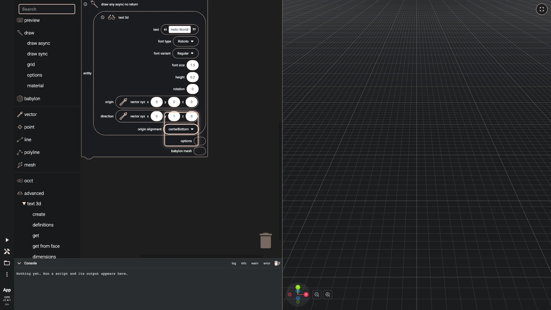 Hello World in 3D with Blockly, step 8 in the Blockly editor: a value set to centerBottom, ringed on its block