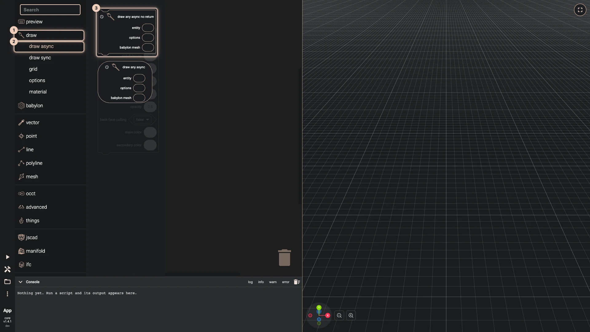 Hello World in 3D with Blockly, step 3 in the Blockly editor: the toolbox open at draw, draw async, the way there numbered and the block to drag ringed in the flyout