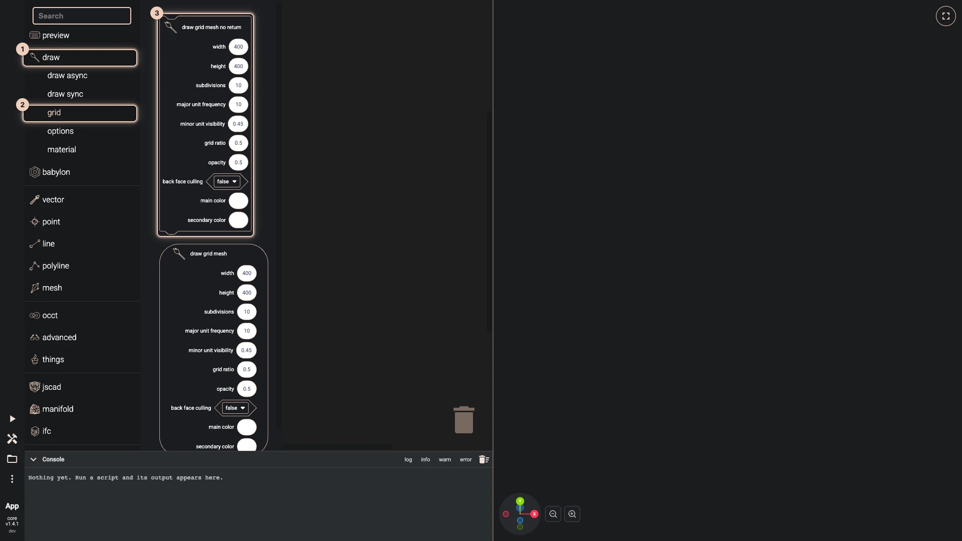 Hello World in 3D with Blockly, step 1 in the Blockly editor: the toolbox open at draw, grid, the way there numbered and the block to drag ringed in the flyout