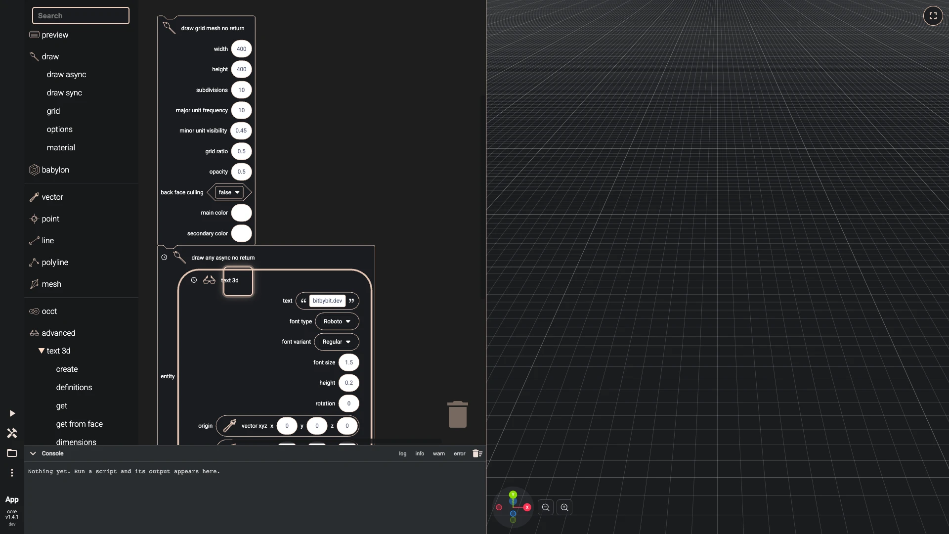 Hello World in 3D with Blockly, step 6 in the Blockly editor: a block plugged into the Entity input of another, ringed where it snapped