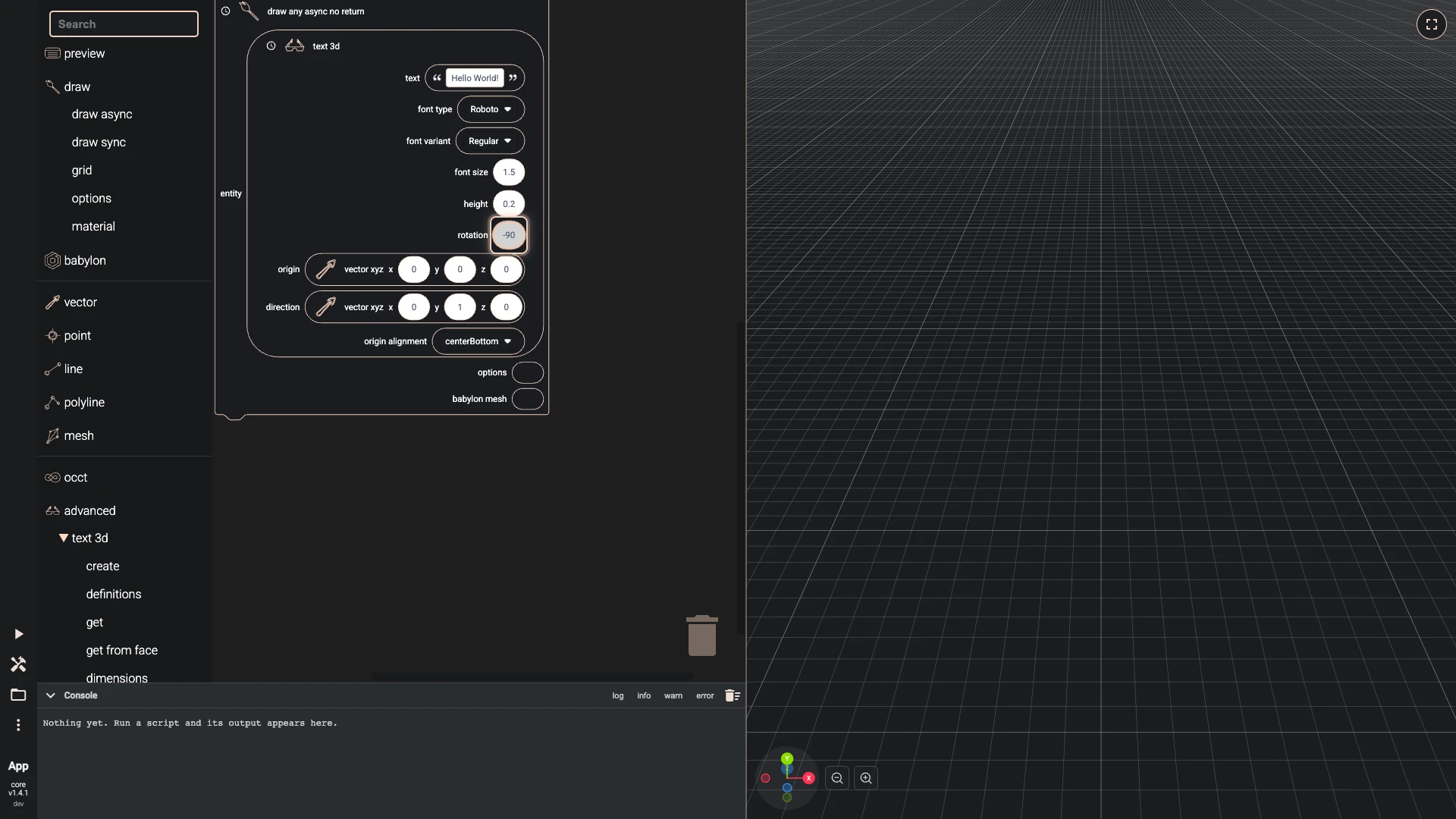 Hello World in 3D with Blockly, step 9 in the Blockly editor: a value set to -90, ringed on its block