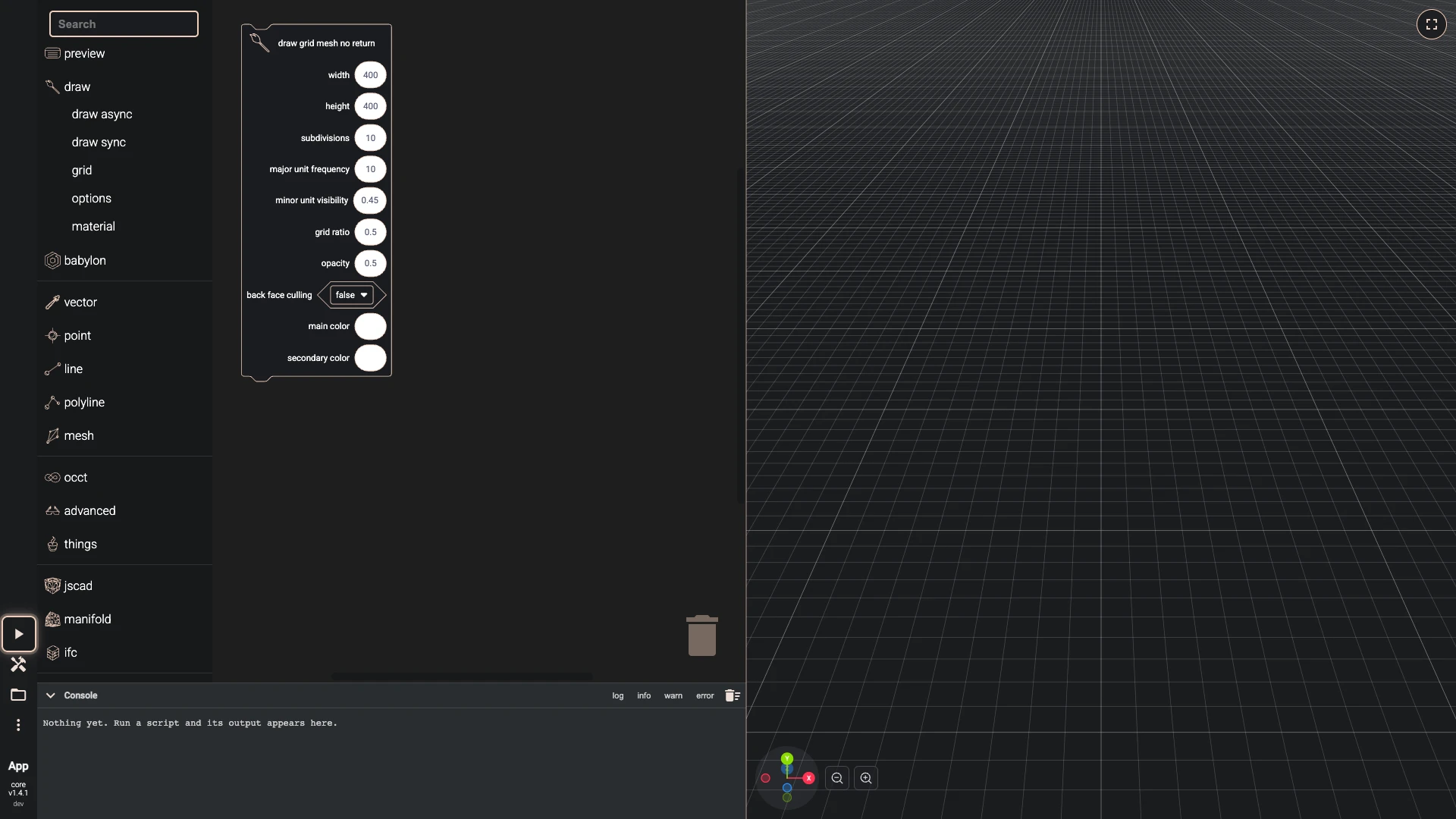 Hello World in 3D with Blockly, step 2 in the Blockly editor: Run The Code pressed and the result drawn in the 3D view beside the workspace