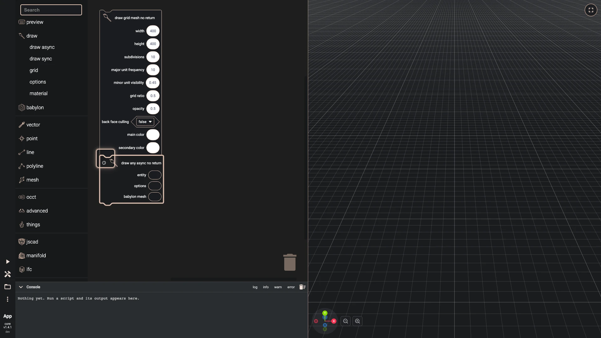 Hello World in 3D with Blockly, step 4 in the Blockly editor: one block stacked under another, ringed where it snapped