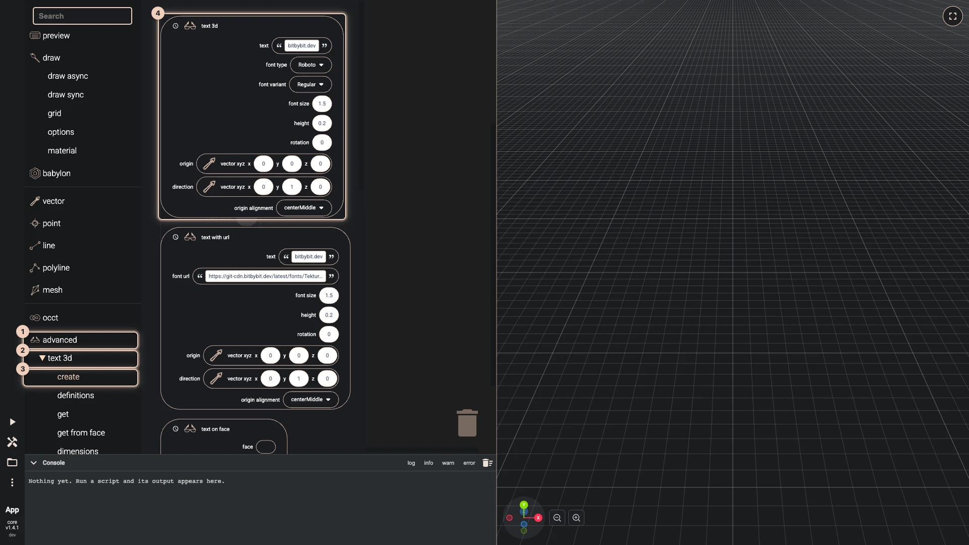 Hello World in 3D with Blockly, step 5 in the Blockly editor: the toolbox open at advanced, text 3d, create, the way there numbered and the block to drag ringed in the flyout