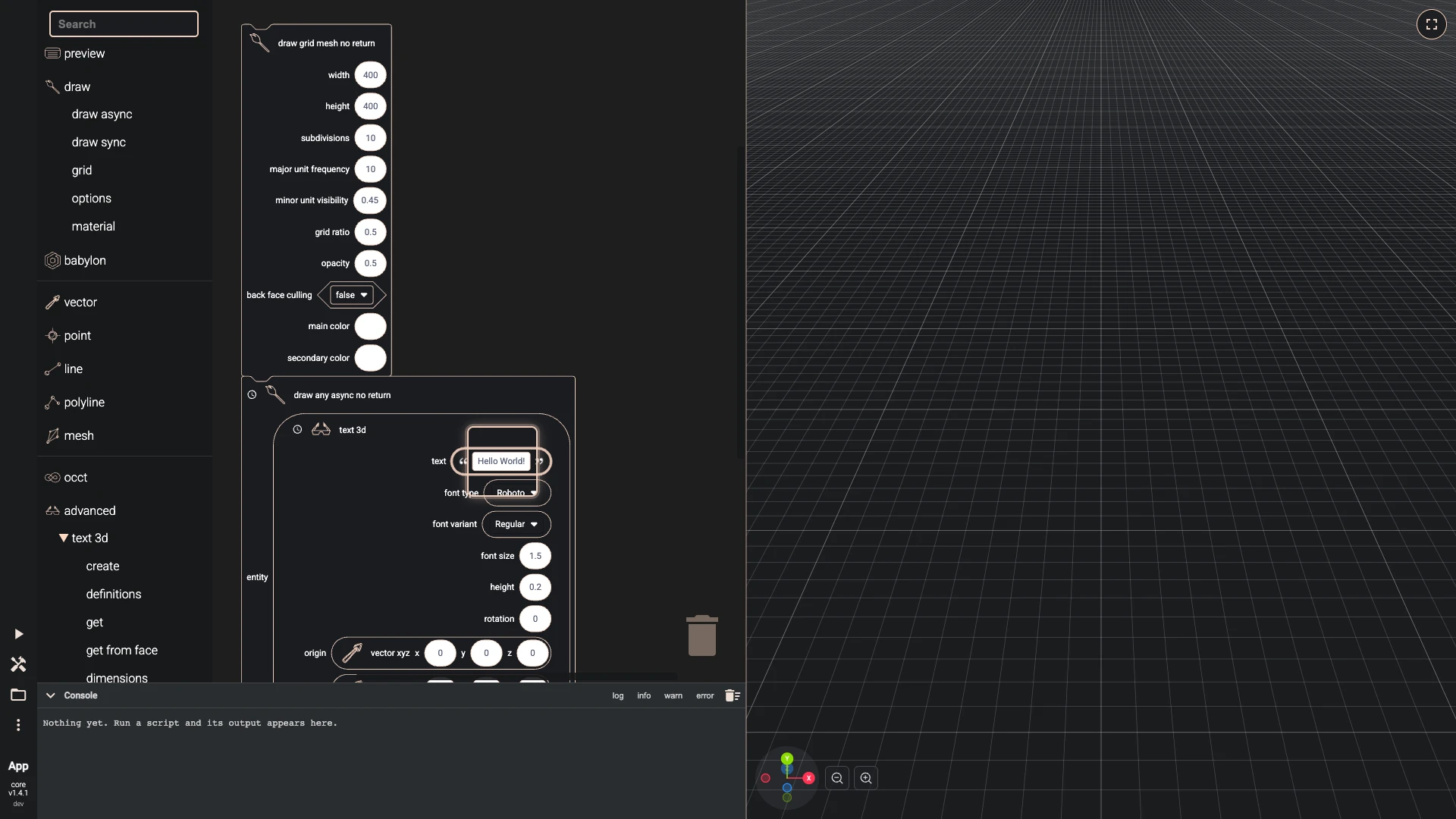 Hello World in 3D with Blockly, step 7 in the Blockly editor: a value set to Hello World!, ringed on its block