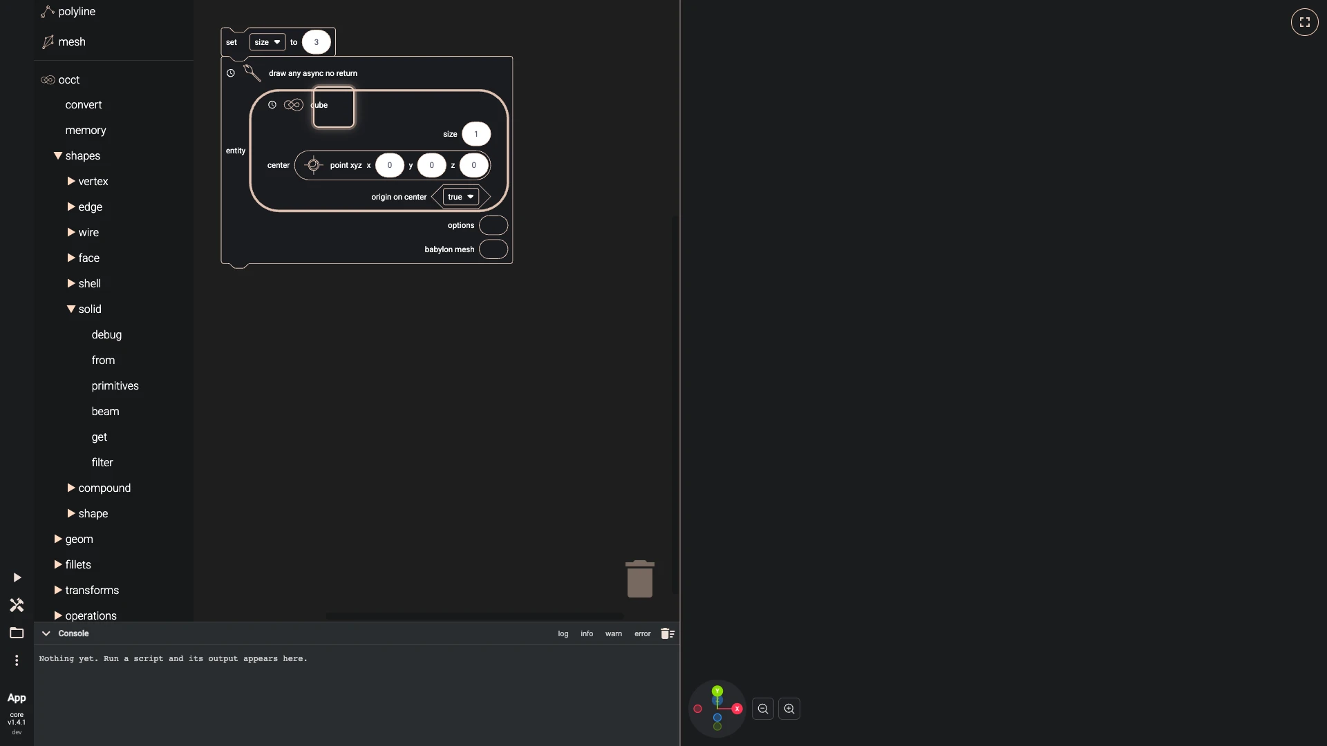 A cube a variable sizes, step 9 in the Blockly editor: a block plugged into the Entity input of another, ringed where it snapped