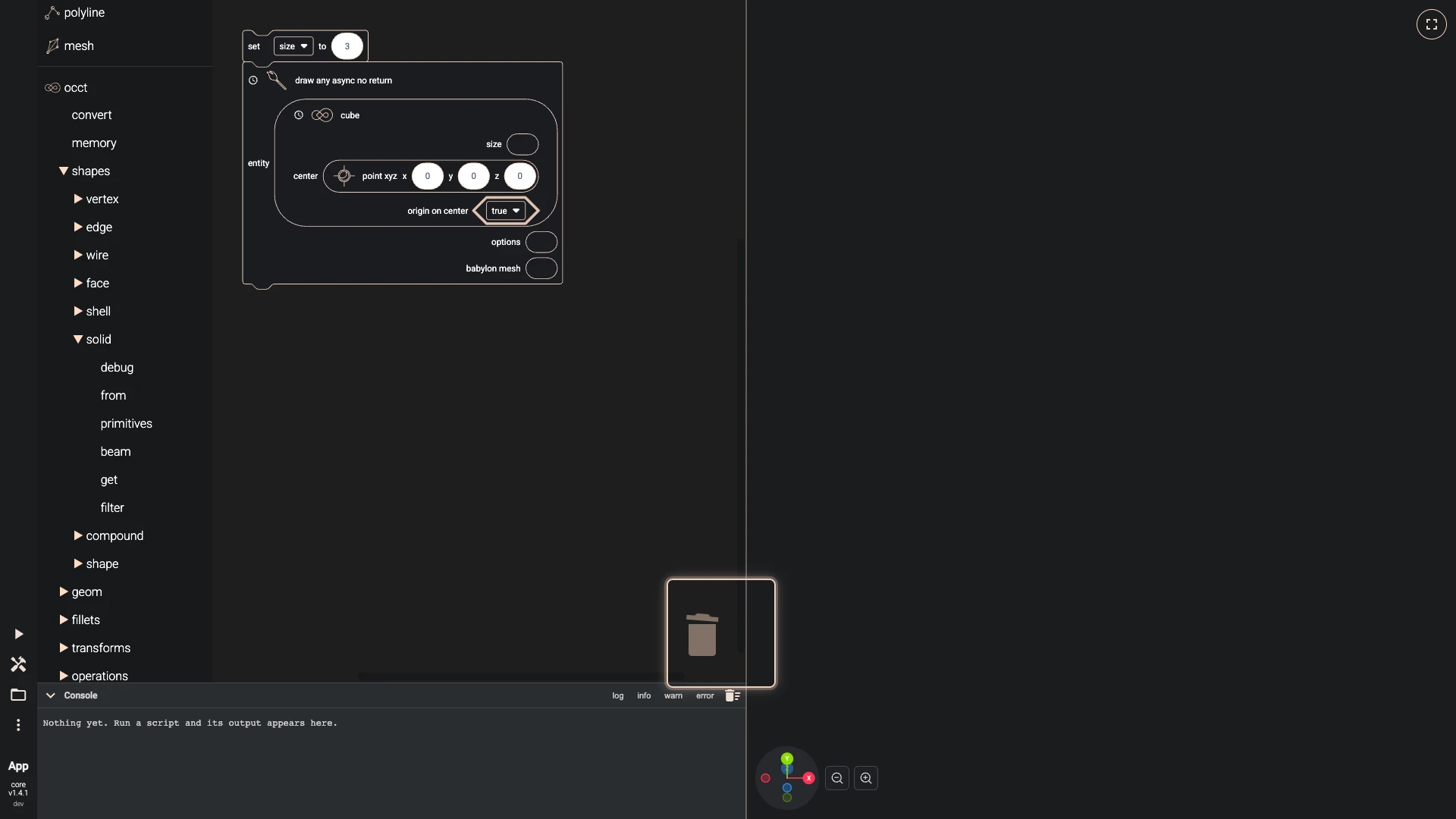 A cube a variable sizes, step 10 in the Blockly editor: a block dragged out of its input and dropped on the trash can