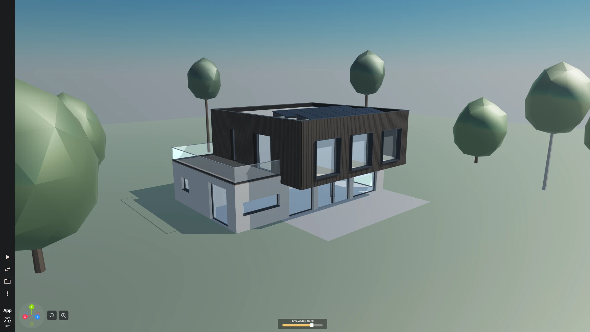 The family house written as IFC in a TypeScript project, drawn in its materials' colours on an afternoon, its shadows on the garden