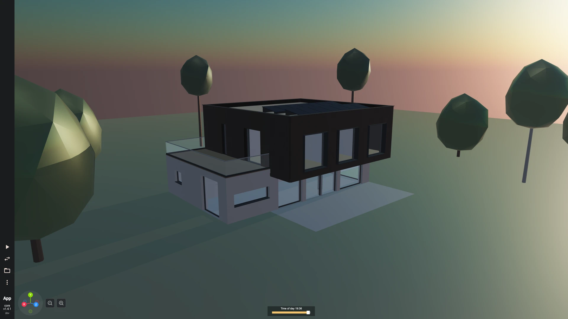 The family house at dusk: a warm low sun and a pink sky, the time-of-day slider at the foot of the view