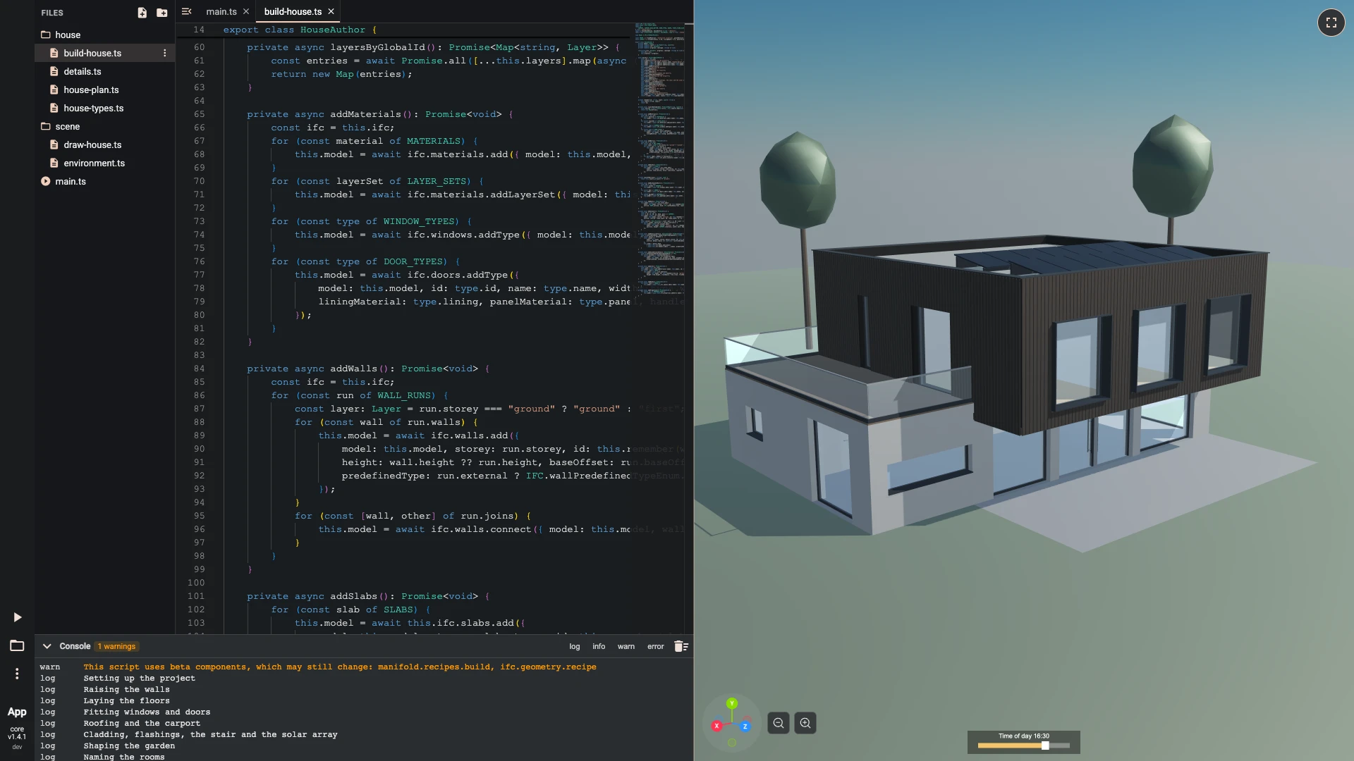 The family house in the TypeScript editor: the project's files on the left, house/build-house.ts open with the IFC calls that write the walls, floors and openings, and the house drawn under its sky on the right
