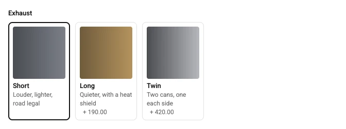 Cards, as the shopper's option panel draws it on the default theme. Each option as a card with its picture, name, description and price.