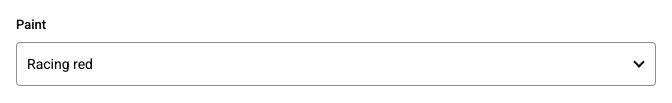 Dropdown, as the shopper's option panel draws it on the default theme. One choice from a list that opens on a click. It takes the least room, so it suits long lists.