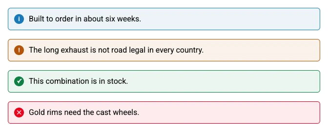 Message, as the shopper's option panel draws it on the default theme. A notice in one of four colours: information, a warning, a success or an error.