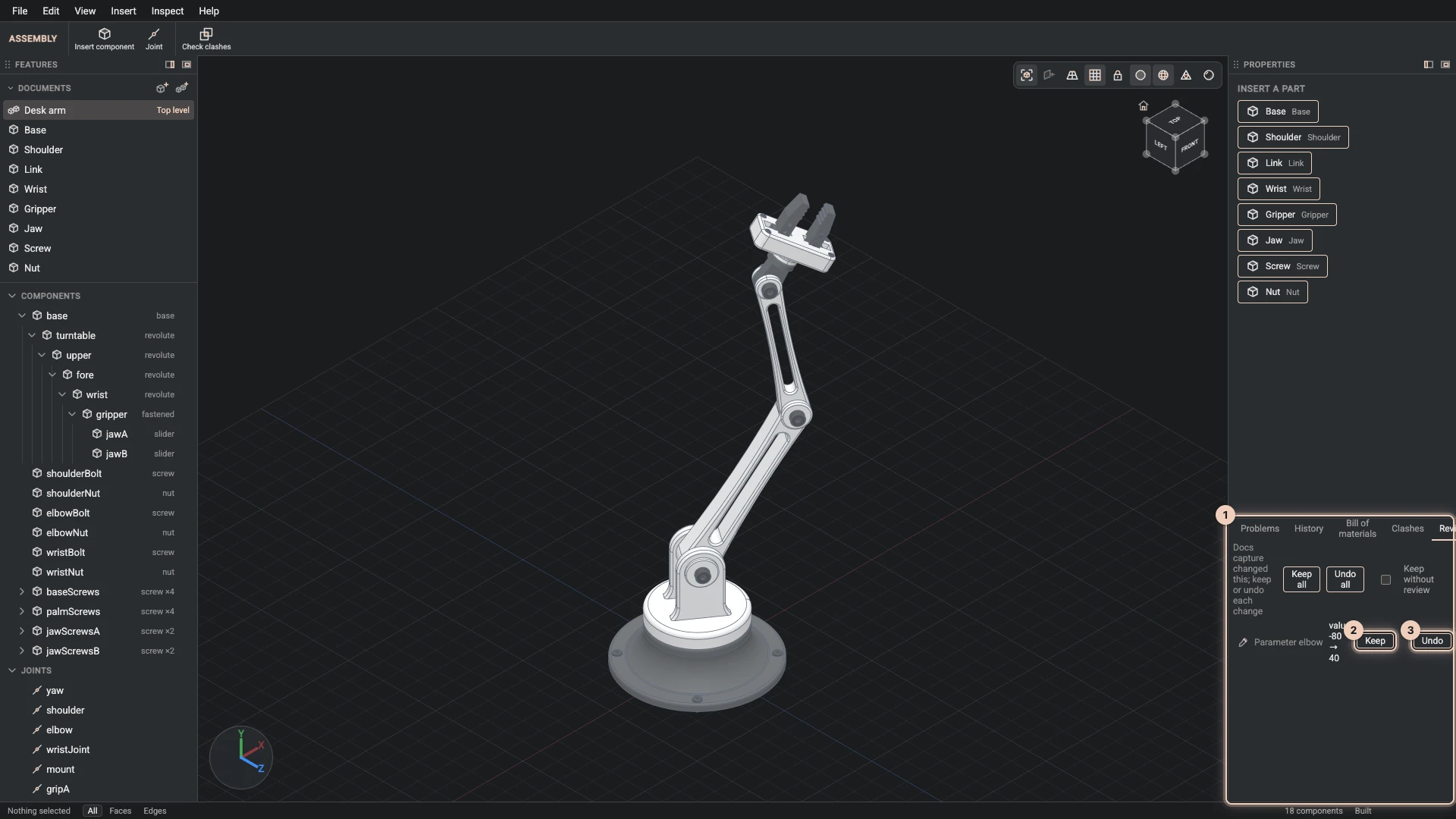 The desk arm after an agent changed its elbow parameter from -80 to 40: the arm already posed, and the Review tab with the change to keep or undo