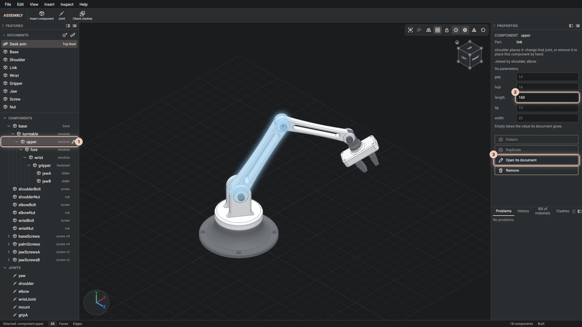 The desk arm's upper arm selected: the link part it places, the joints that hold it, its own value for the link's length, and Open its document