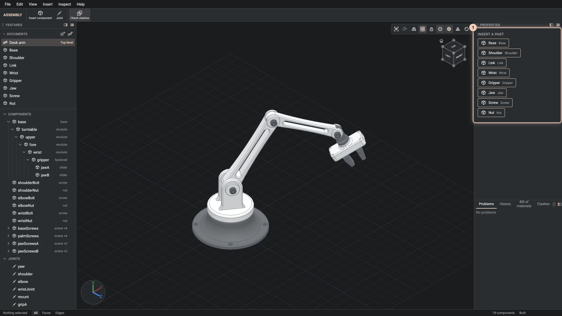 Insert component in the desk arm: Insert a part lists every part of the project's part documents, each placed with one click