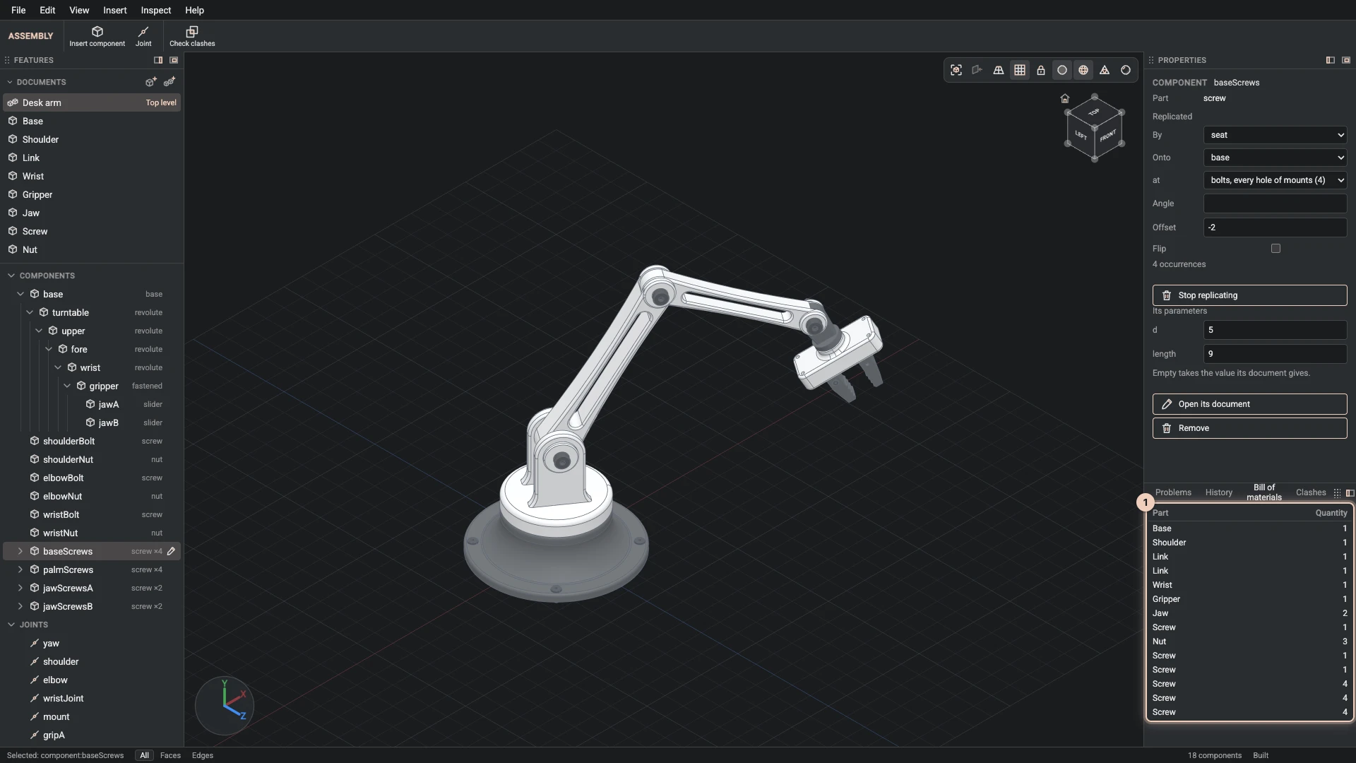 The desk arm's bill of materials: each part and how many the assembly places, the long and the short link on lines of their own