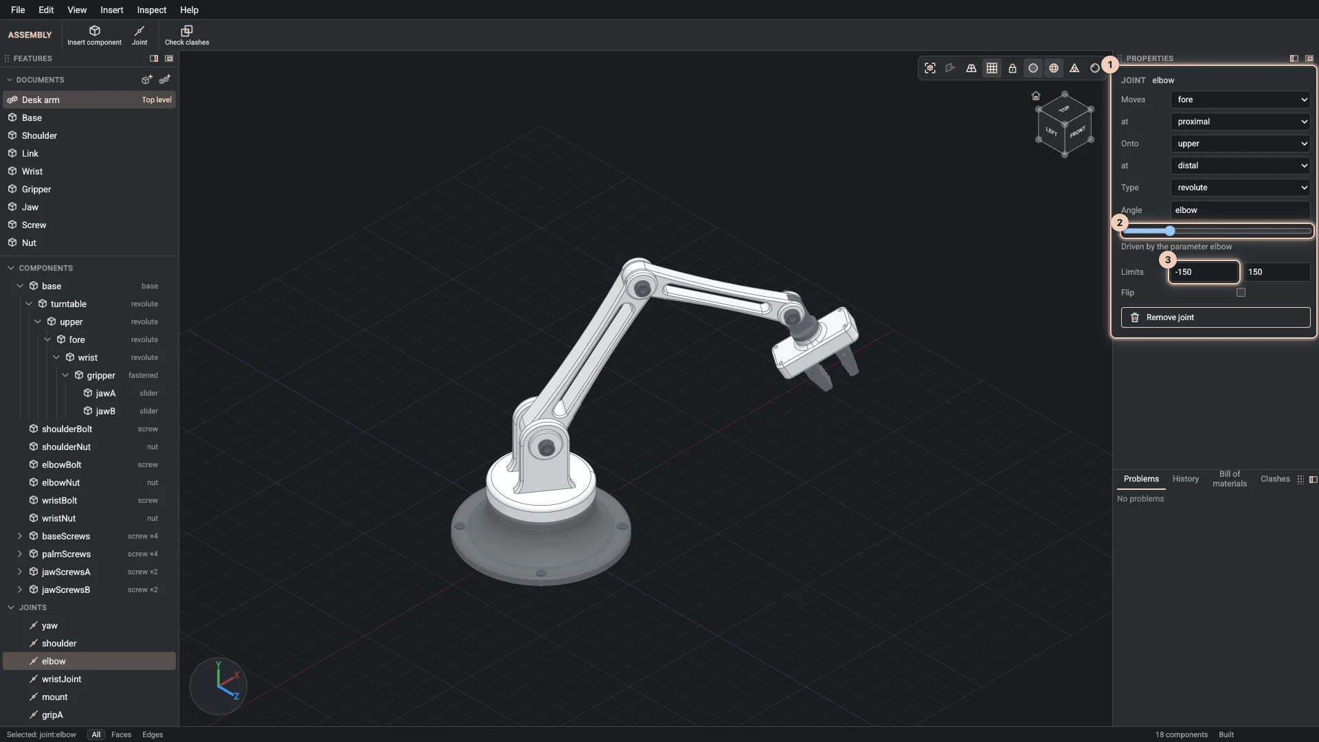 The desk arm's elbow joint: the forearm moved at its proximal connector onto the upper arm's distal one, revolute, its angle driven by the elbow parameter, limited to 150 degrees each way