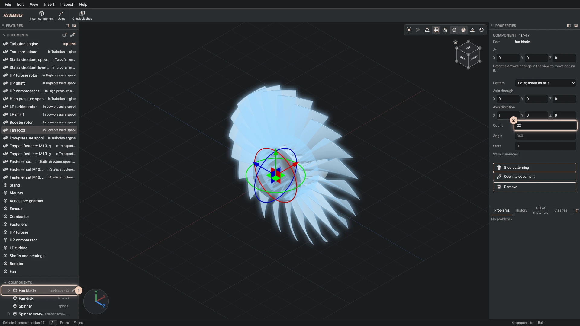 The jet engine's fan rotor: one fan blade component patterned twenty-two times about the engine's axis, every blade glowing, and the pattern's fields in Properties