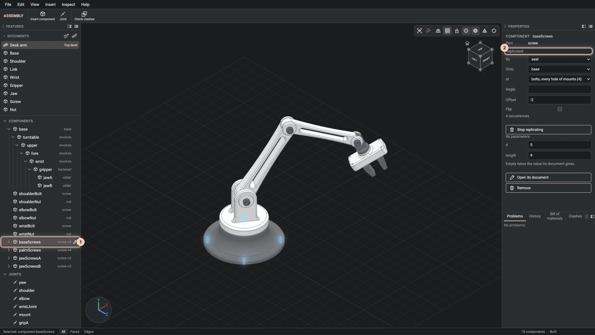 The desk arm's base screws selected: one screw component replicated onto the four holes of the base's bolts set, all four glowing in the view