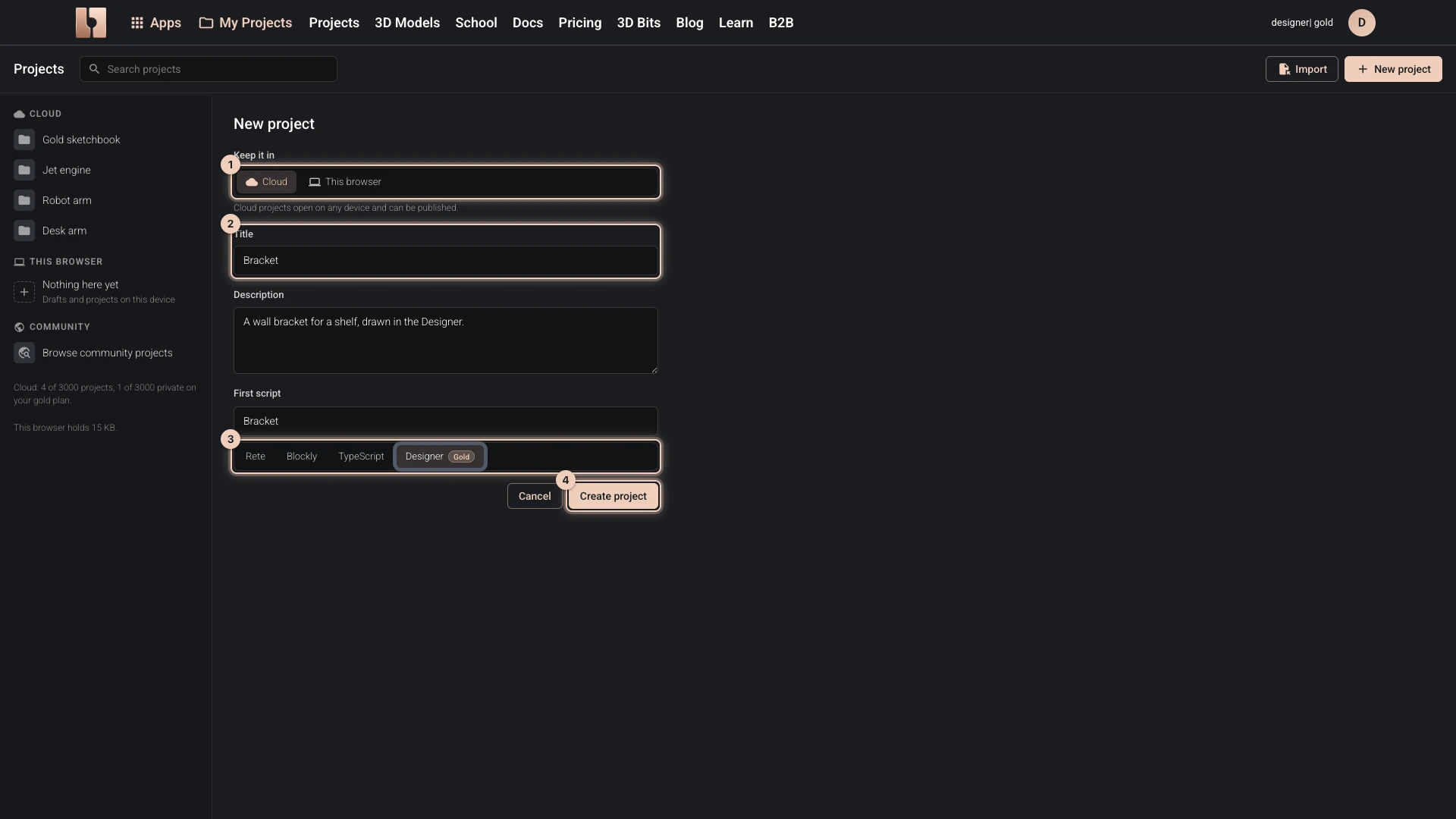 The New project form: kept in the cloud, a title and a description, a first script with the Designer chosen as its editor, and Create project