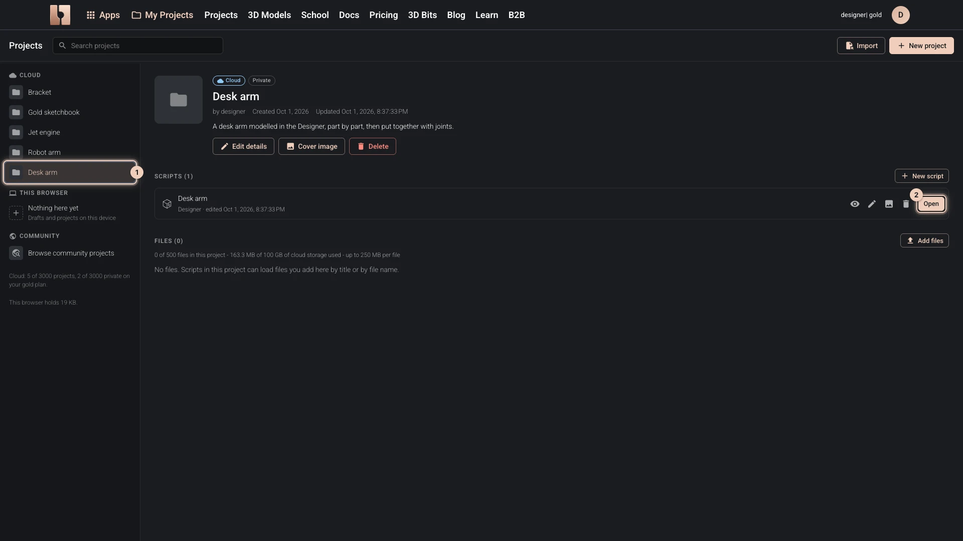 My Projects with the desk arm project chosen in the cloud list, and Open beside its Designer script