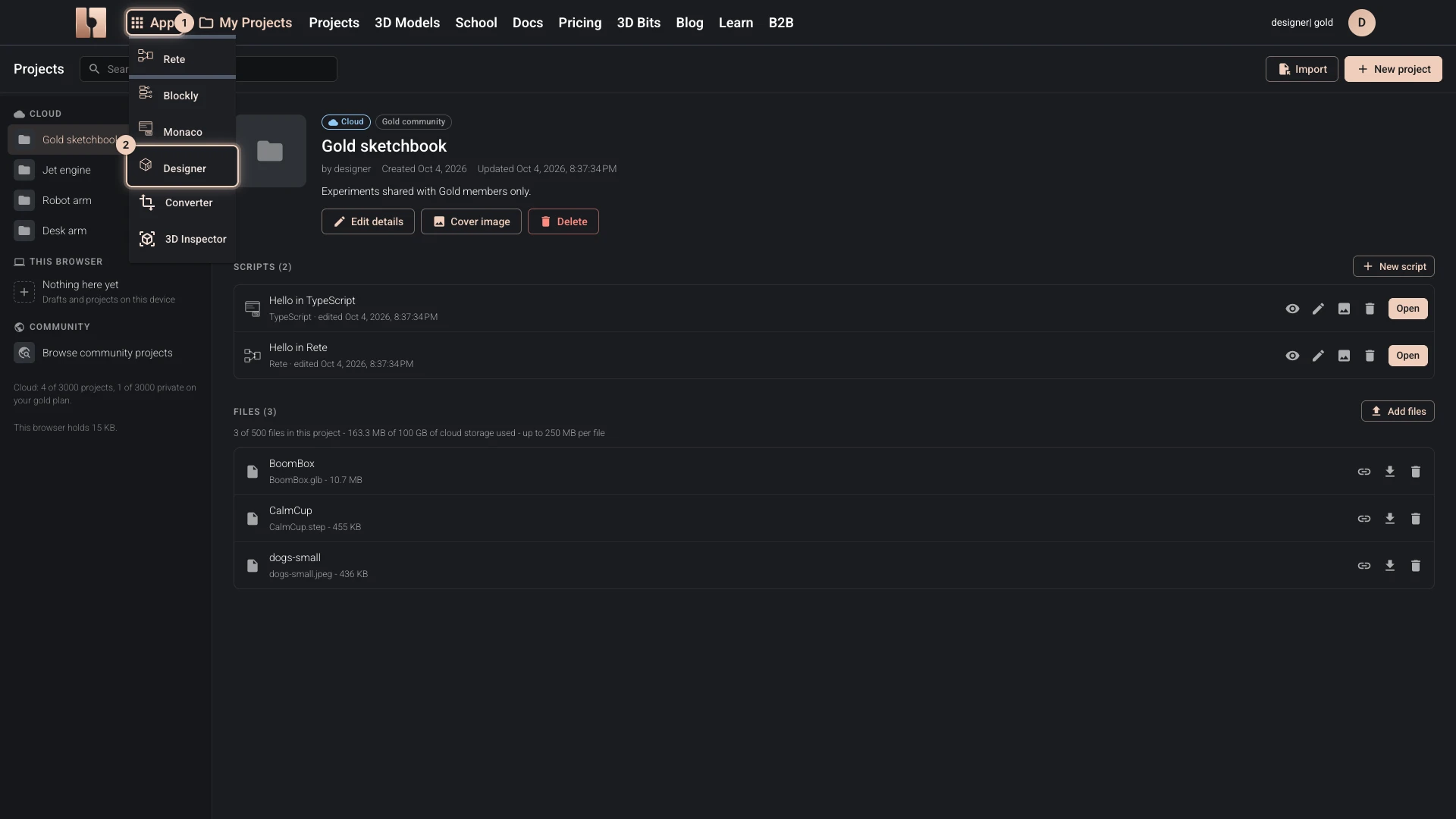 The Apps menu of bitbybit.dev open, with the Designer among the editors