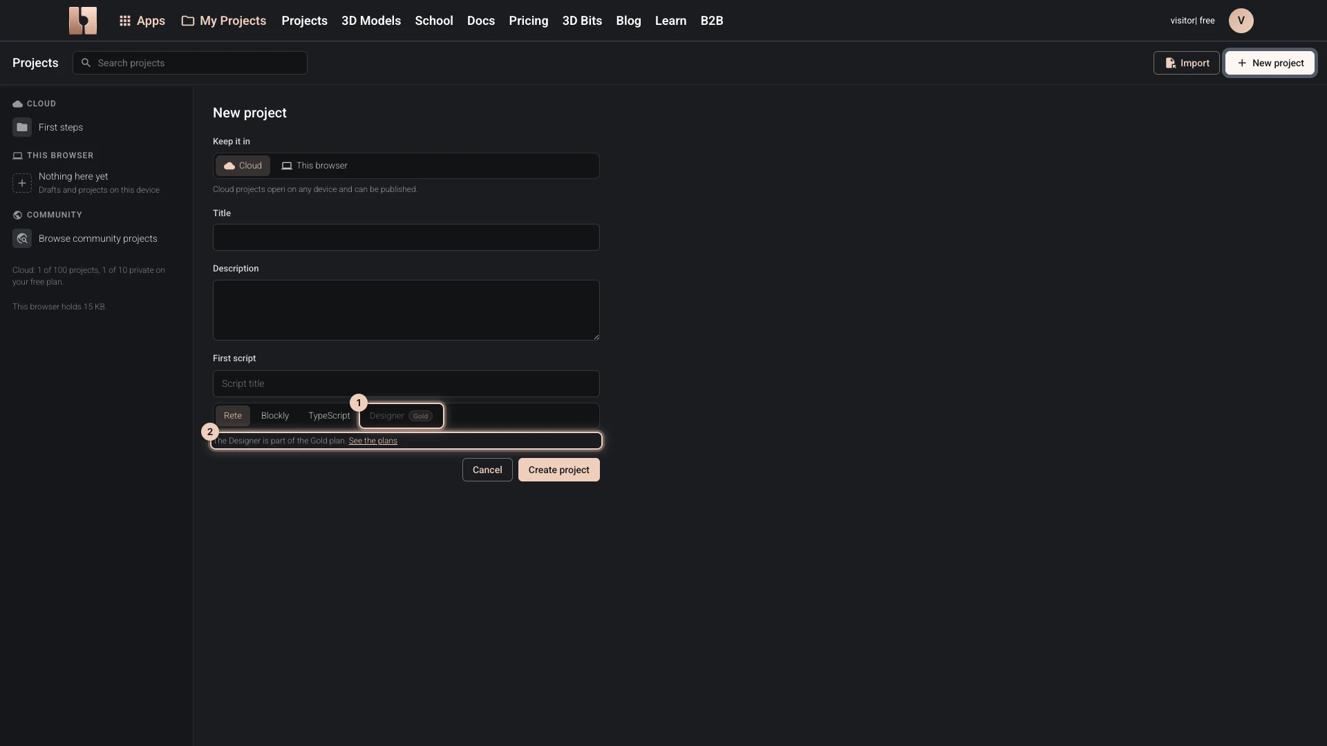 The New project form on a plan below Gold: the Designer greyed out with its Gold badge, and a link to the plans