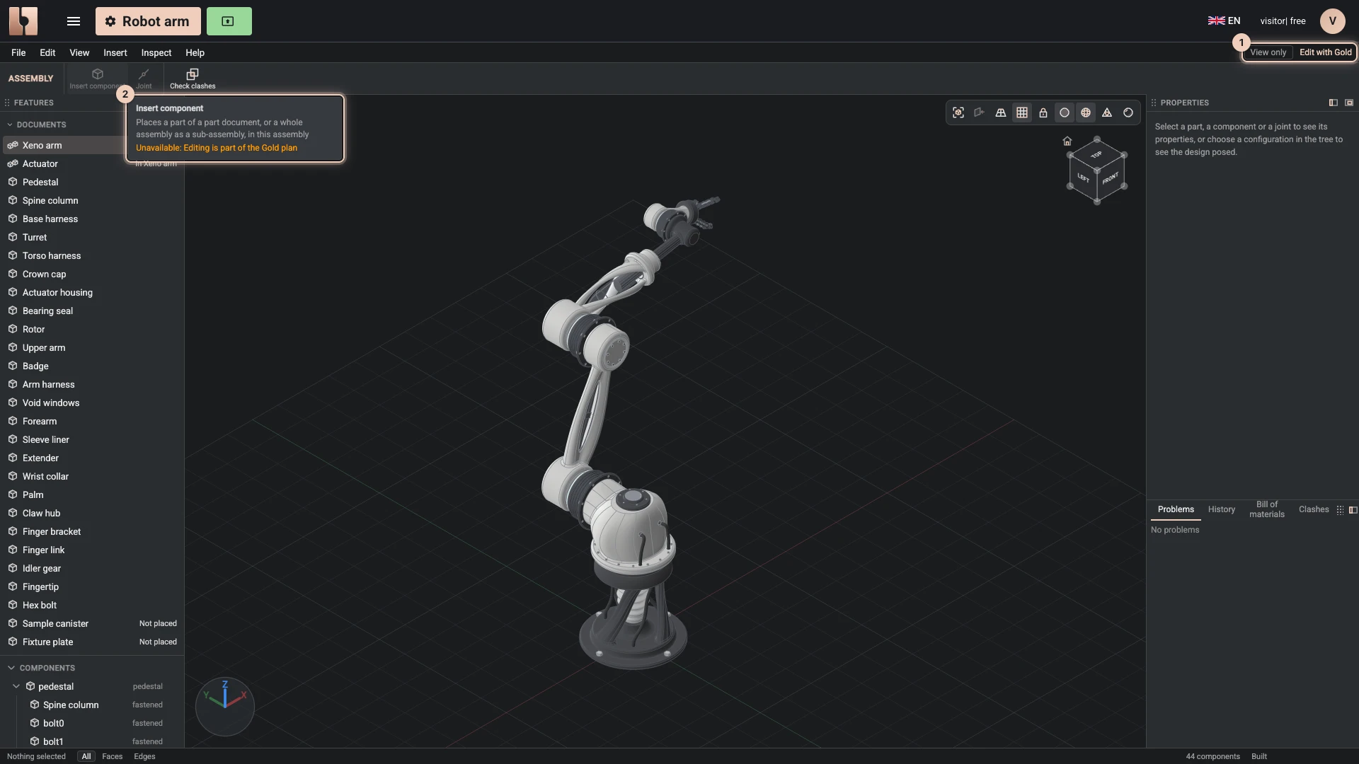 The robot arm a Gold member shared, opened on a plan below Gold: View only at the top with Edit with Gold, and a greyed-out toolbar command whose tip says editing is part of the Gold plan