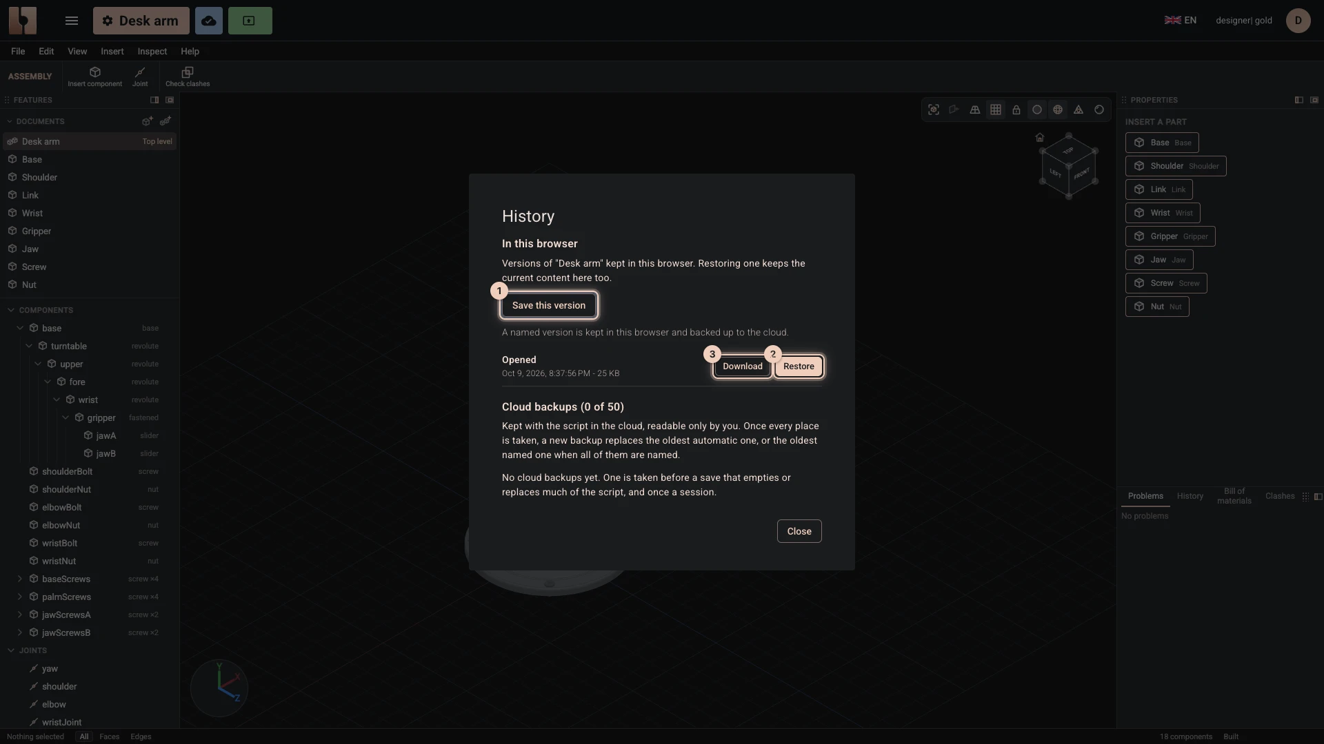 The script's history: the versions kept in this browser and the cloud backups, each to download or restore, and Save this version