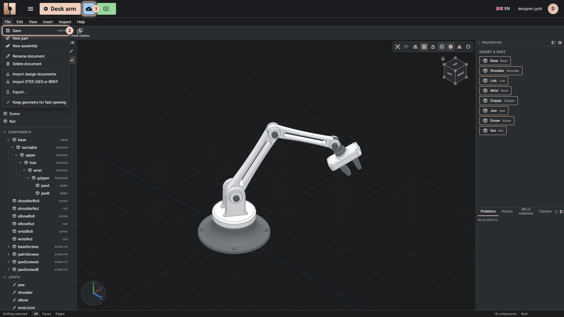The desk arm open in the Designer on bitbybit.dev: the cloud mark beside the script's title says it is saved, and File > Save sends it to the cloud at once