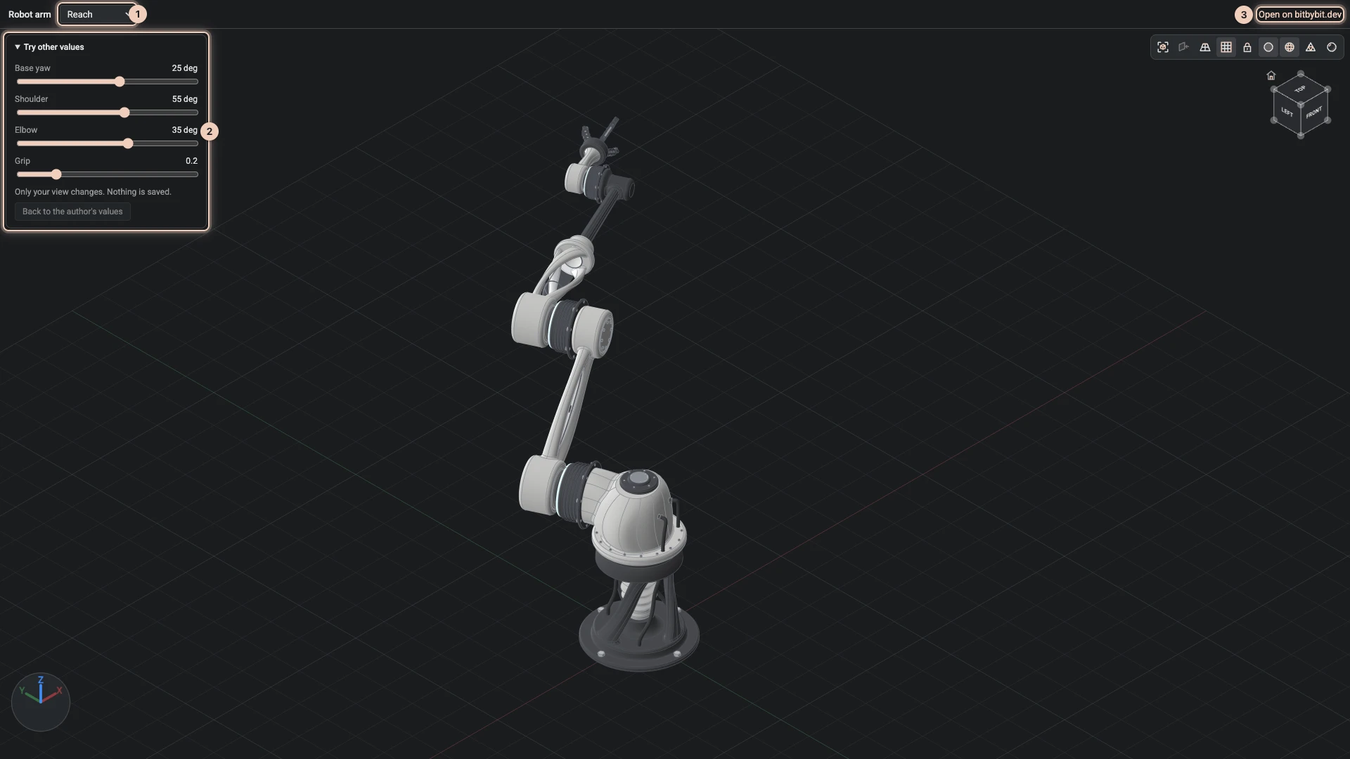 The robot arm's preview, opened without signing in: the design posed by one of its configurations, the configuration to choose, the values its author lets visitors try, and Open on bitbybit.dev