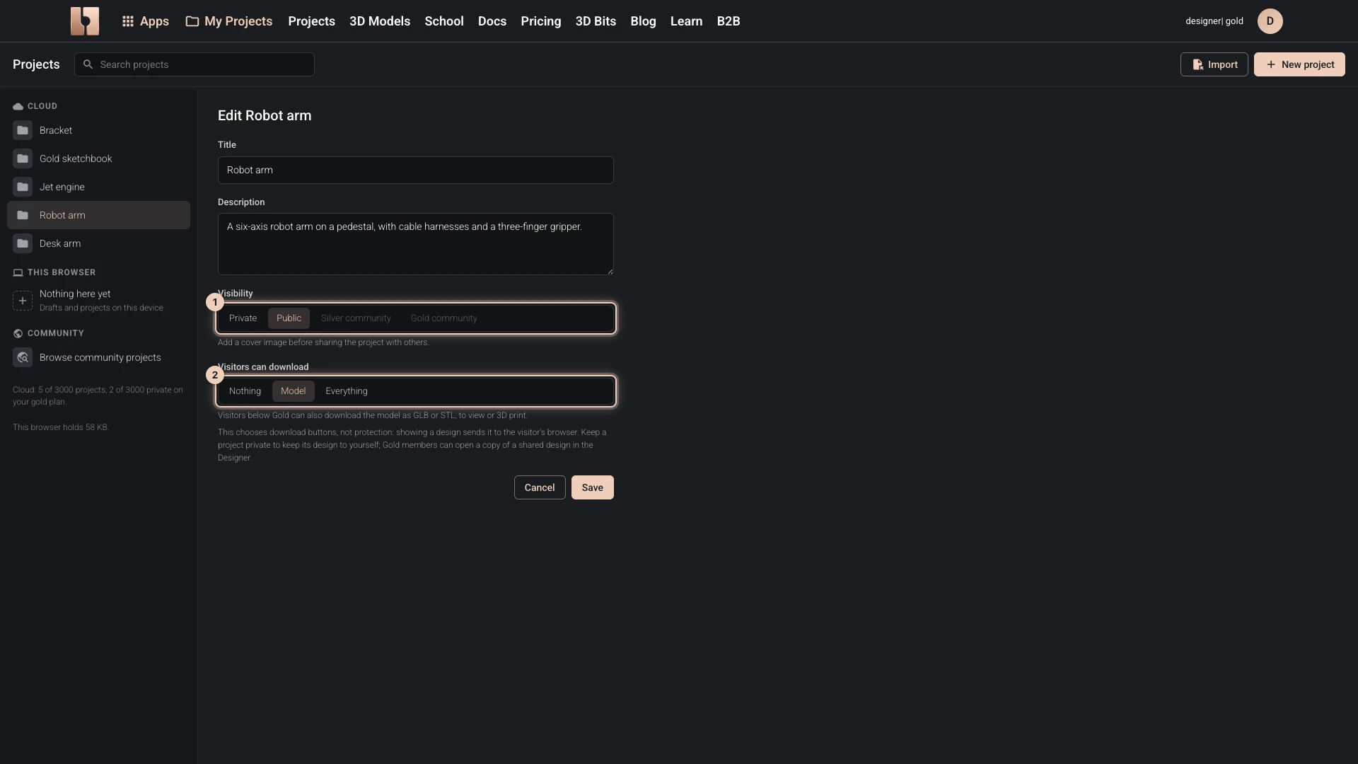 Editing a public Designer project's details: its Visibility, and what visitors below Gold can download from it: Nothing, Model or Everything, with what that choice means