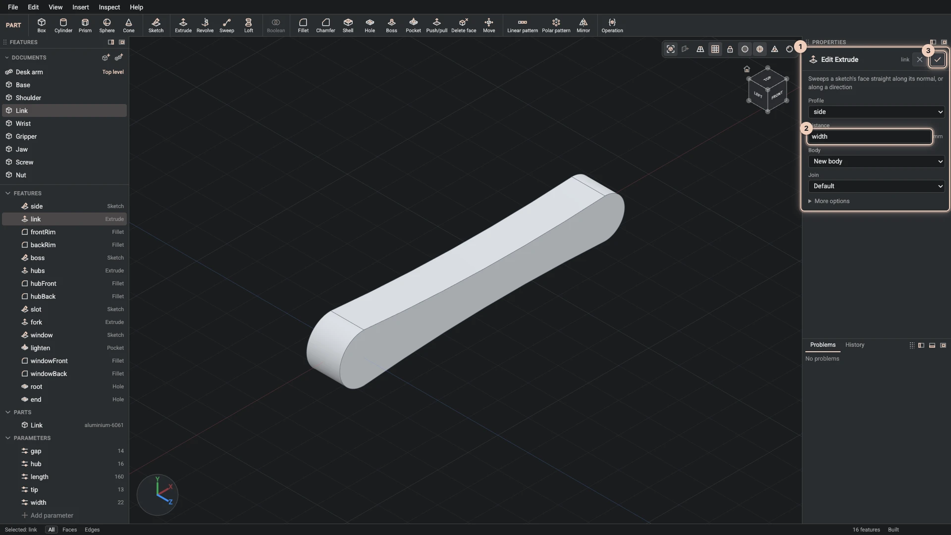 The link's extrude open in its dialog: the sketch it uses, its distance written as the width parameter, a new body, and OK