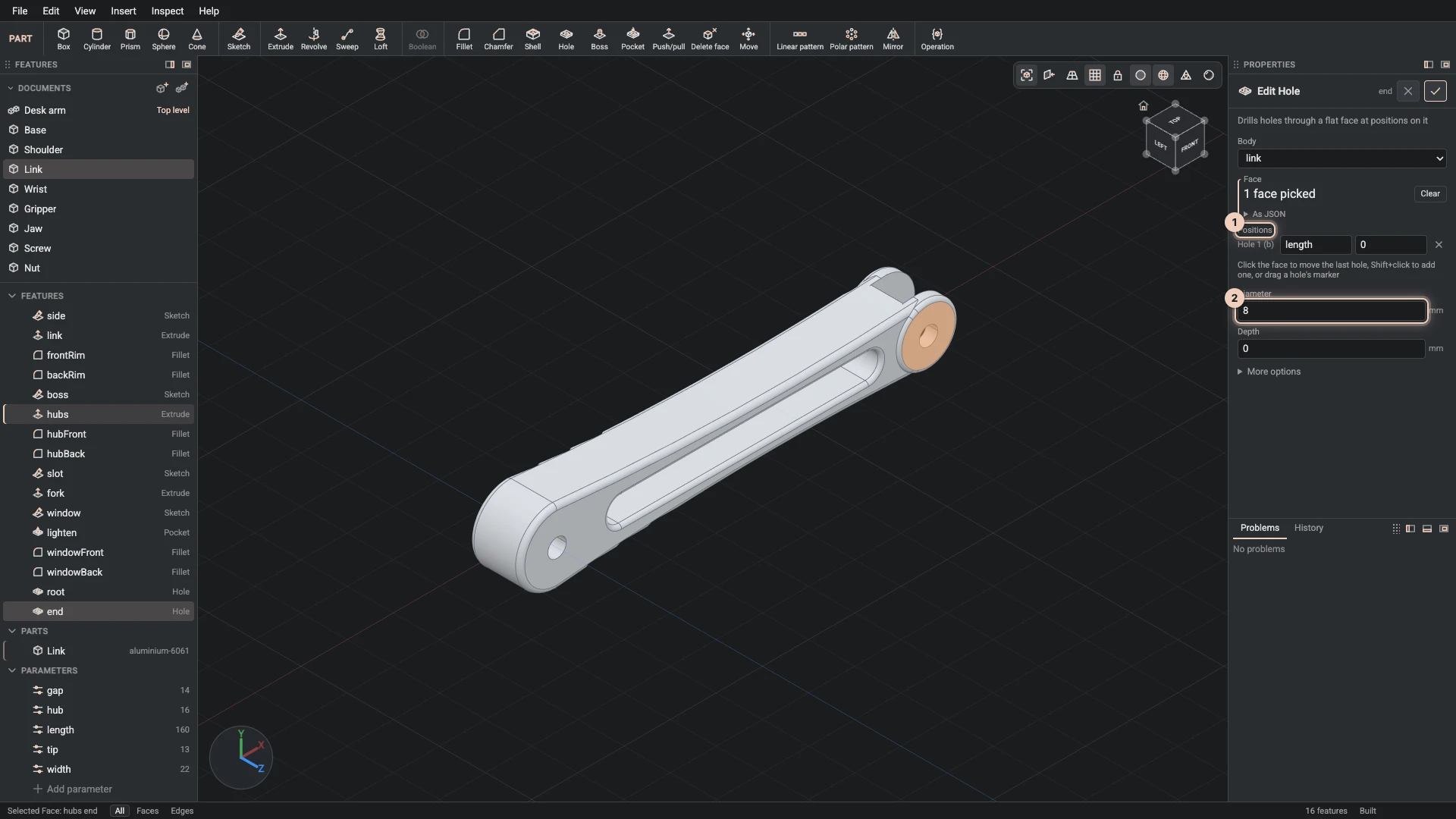 The hole at the end of the link open in its dialog: the face it starts from, its position written in the length parameter, its diameter and depth, and its marker in the view