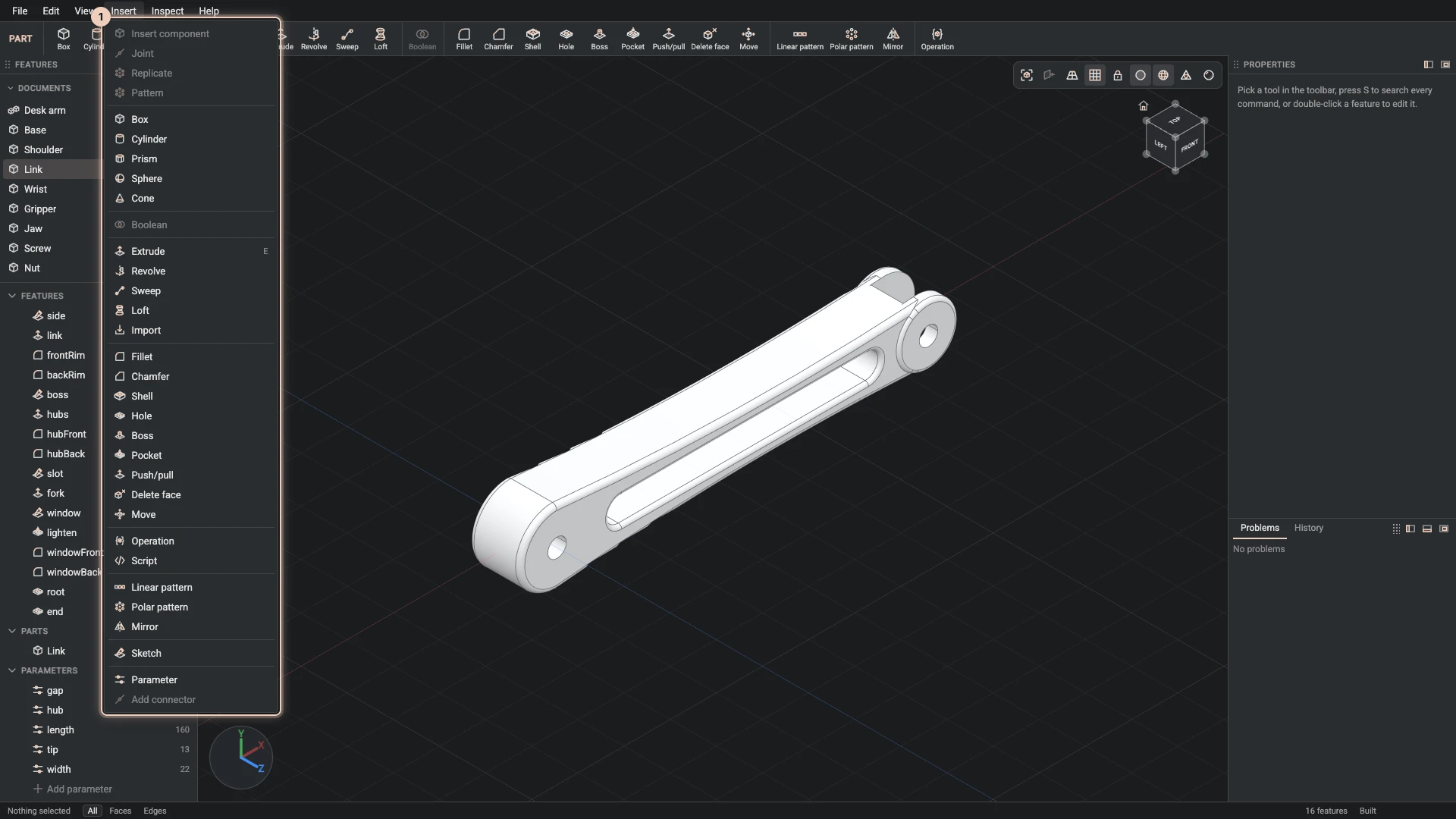 The Insert menu in a part document: the solids, the features that make and change shape, operations, patterns, a sketch and a parameter