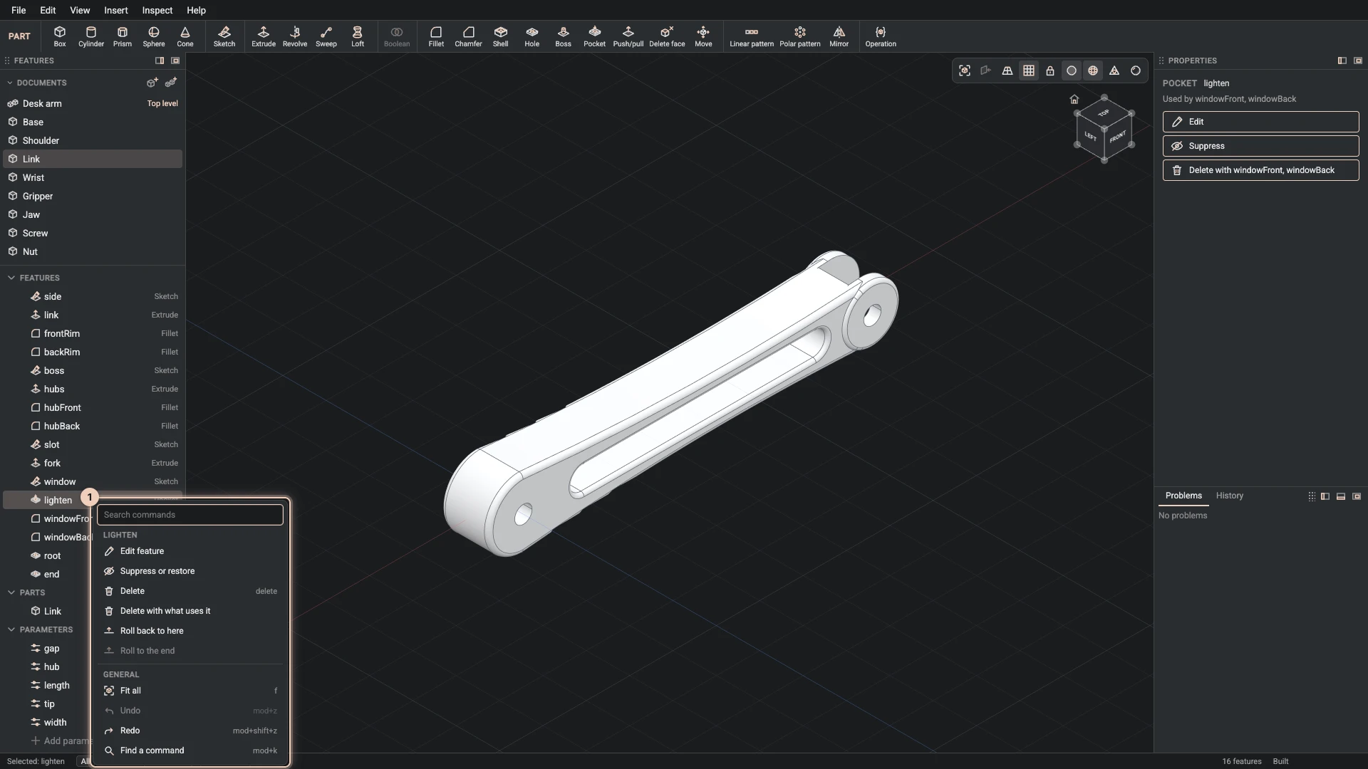 A feature's right-click menu: edit it, suppress or restore it, delete it alone or with what uses it, and roll back to it