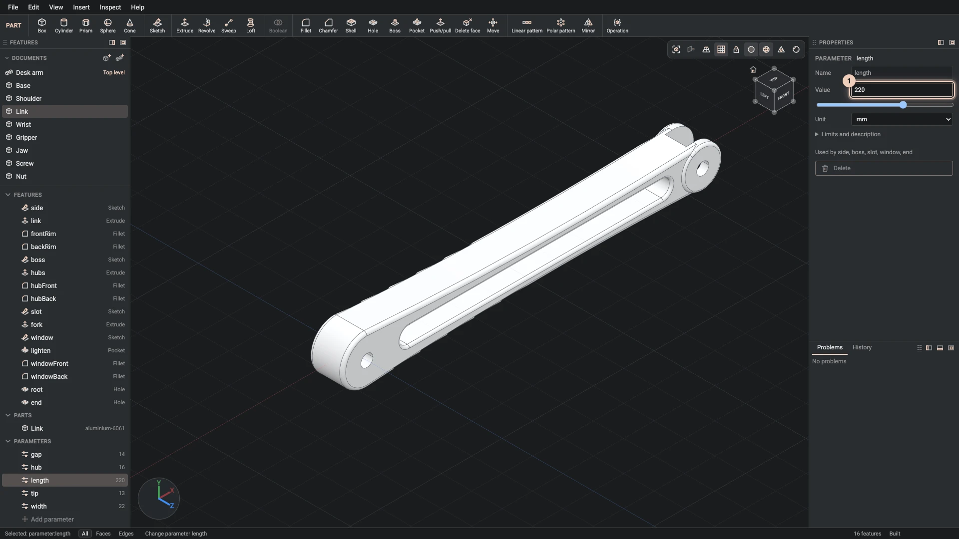 The link with its length parameter changed from 160 to 220: its outline, its slot and the hole at its end follow