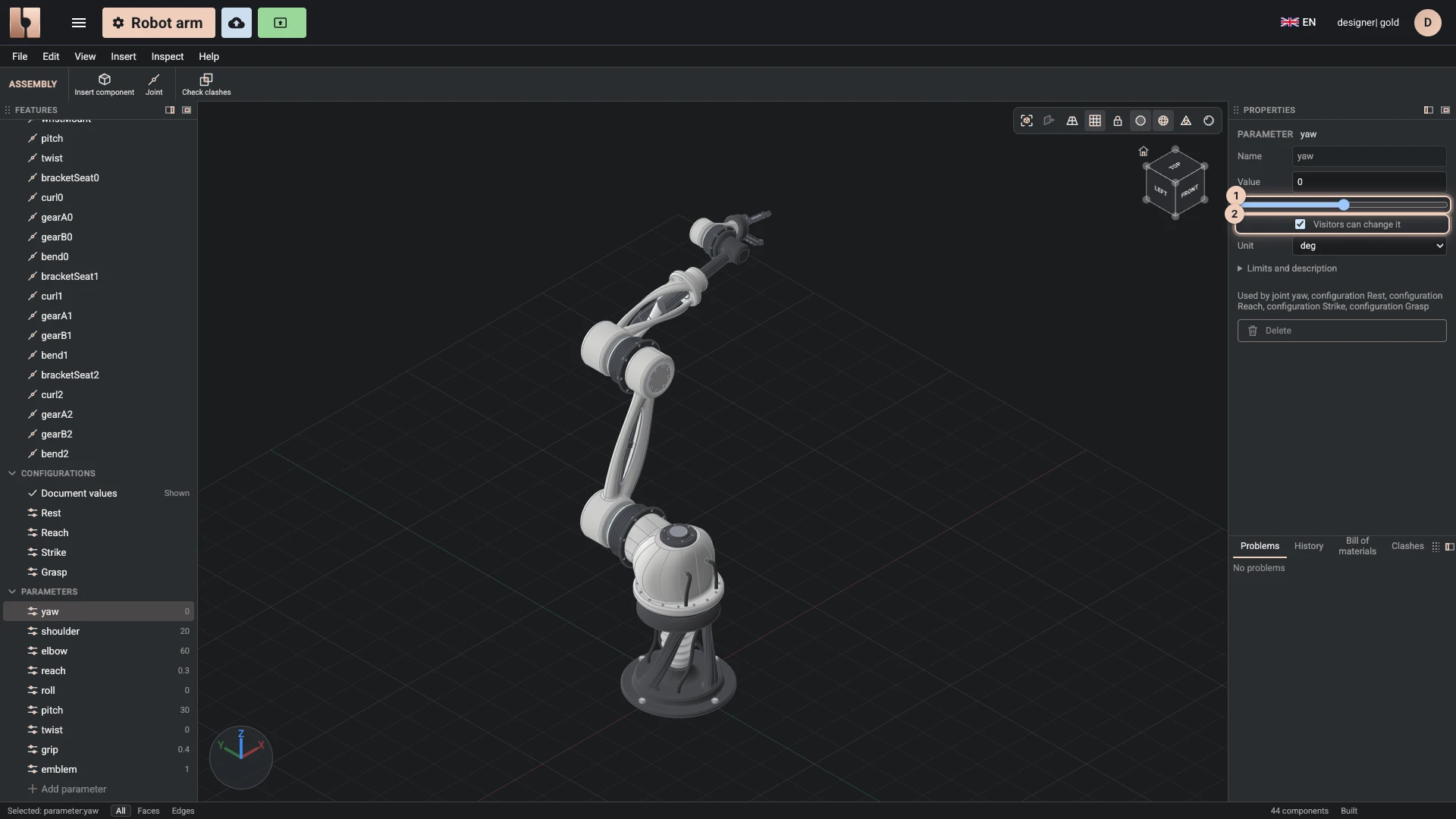 The robot arm's base yaw selected in the Designer: its limits give it a slider, and Visitors can change it is ticked, so people the design is shared with get that slider too