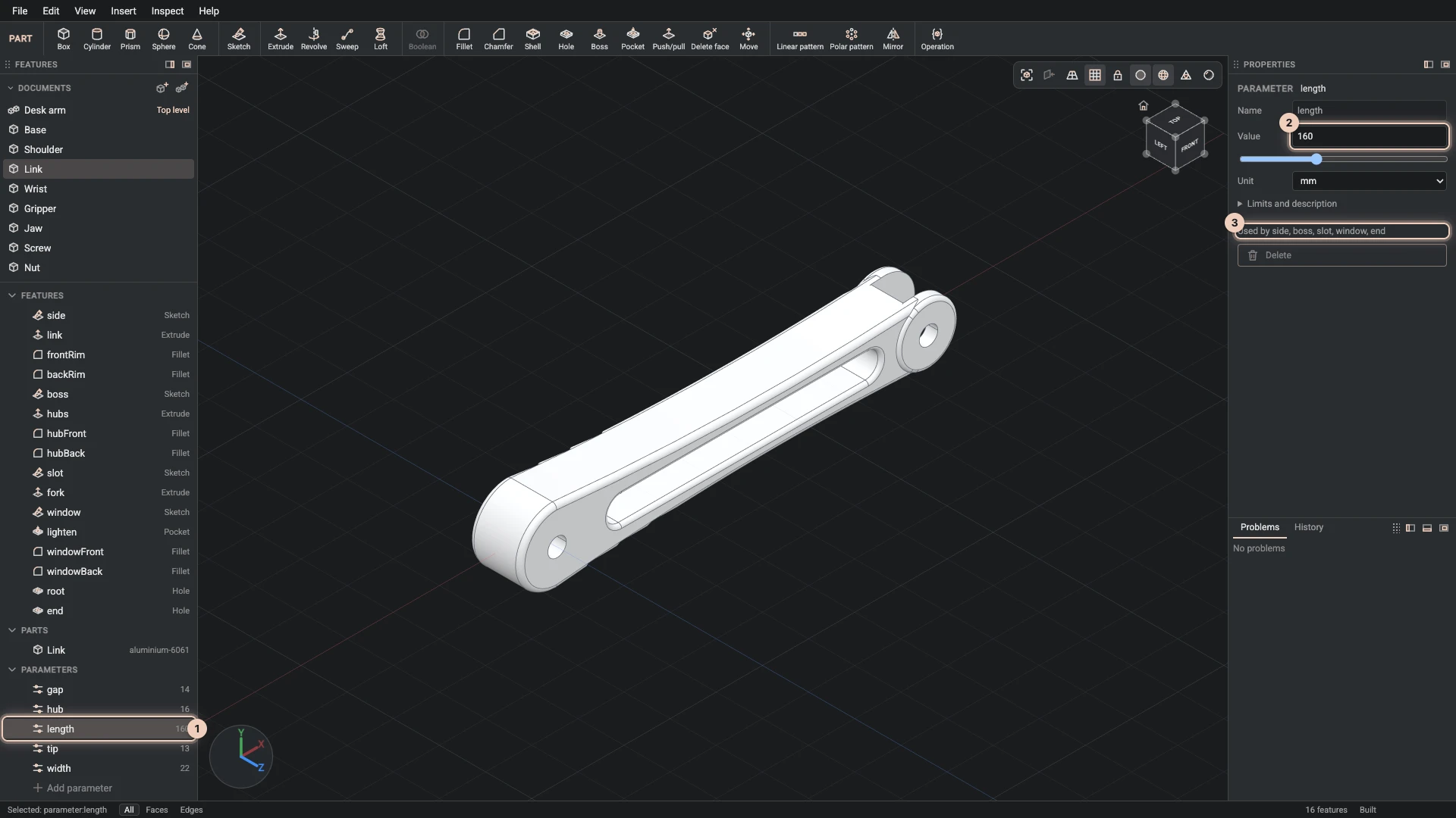 The link's length parameter selected: its name, value, slider and unit in Properties, and the features that use it