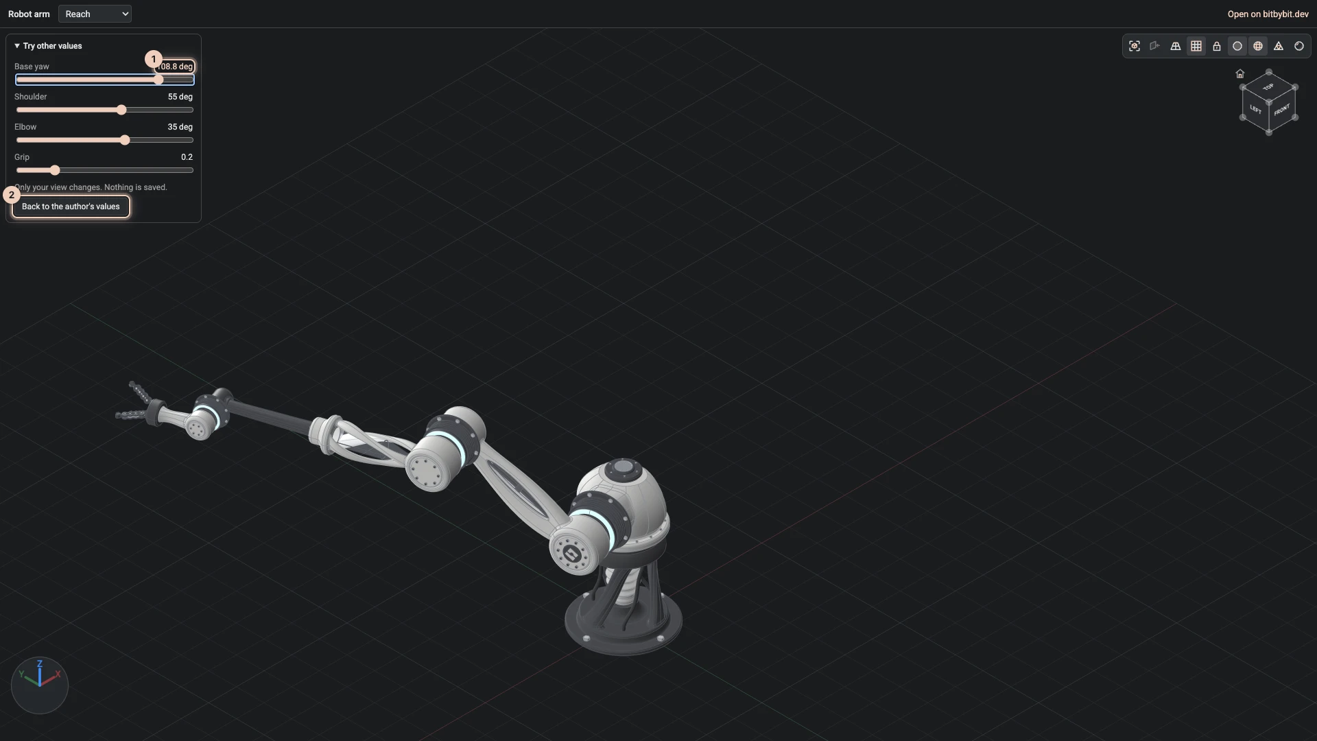The robot arm's preview after a visitor dragged Base yaw: the arm turned on its base, the tried value shown in the accent colour, and Back to the author's values