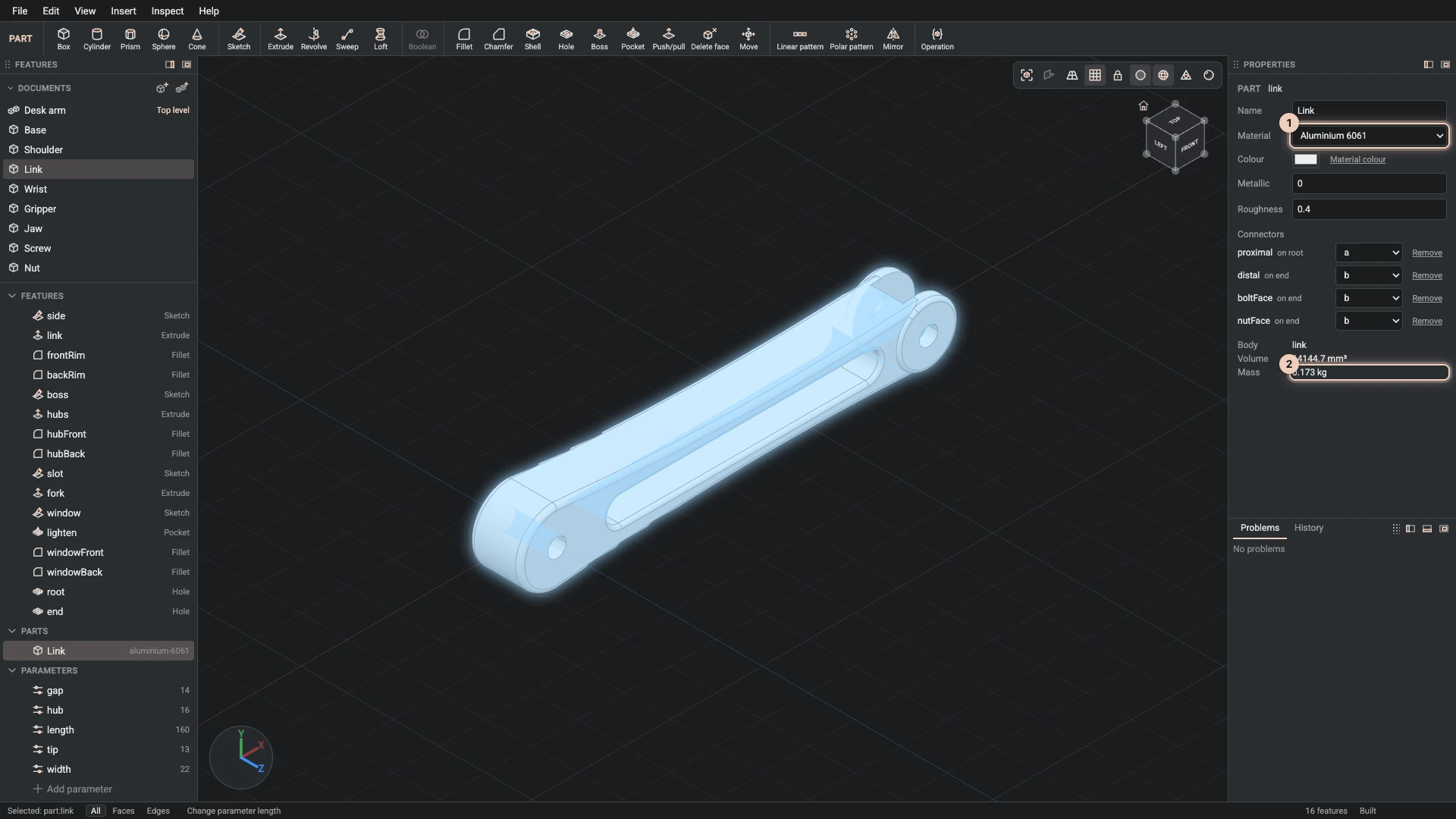 The link part selected: its name, material, colour and finish, its connectors, and its volume and mass