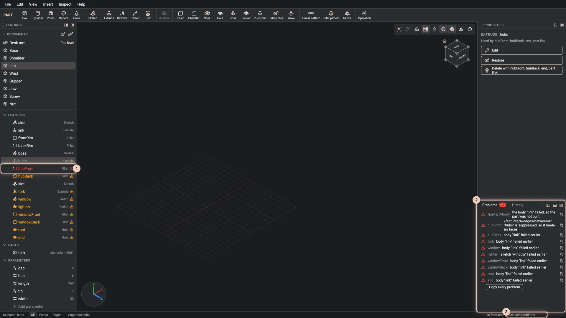 The link with its hubs extrude suppressed: the fillet that lost its edges in red, the features after it marked, every problem listed in the Problems tab, and the status bar saying it was built with problems