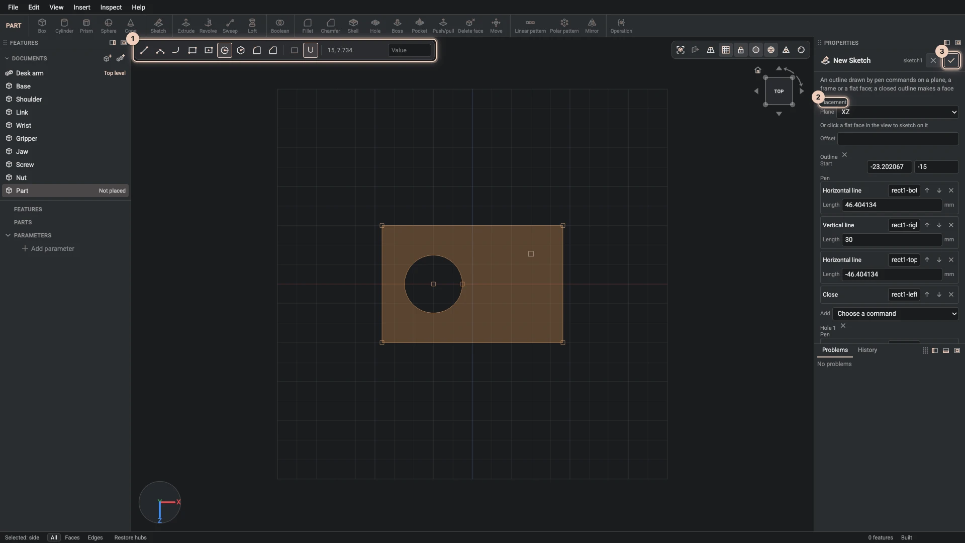 A new sketch on the ground plane of a new part: a rectangle and a circle inside it, drawn with the sketch bar's tools, kept as an outside loop and a hole, and the sketch's dialog with its placement and OK