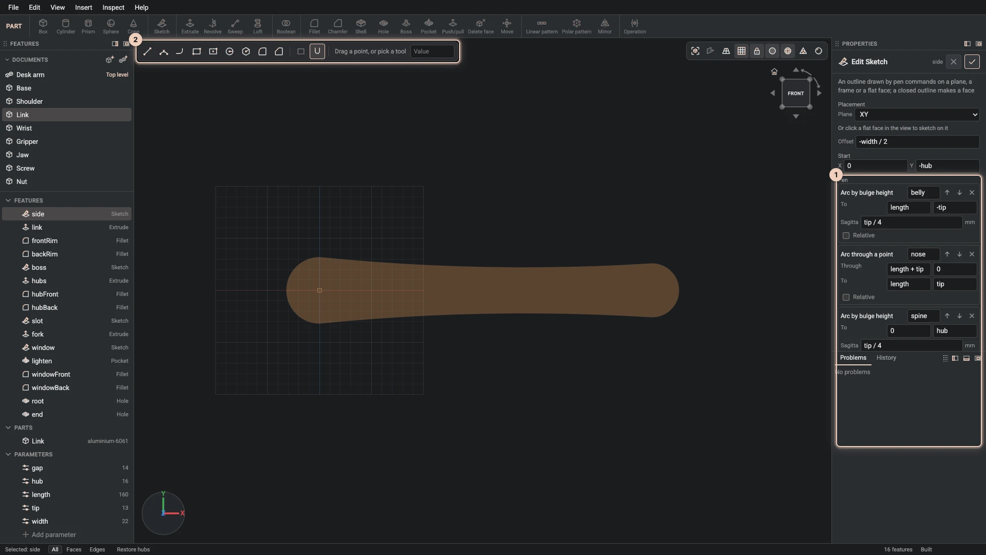 The link's side sketch open: its outline in the view, the sketch bar above it, and its pen commands, arcs written in the link's parameters
