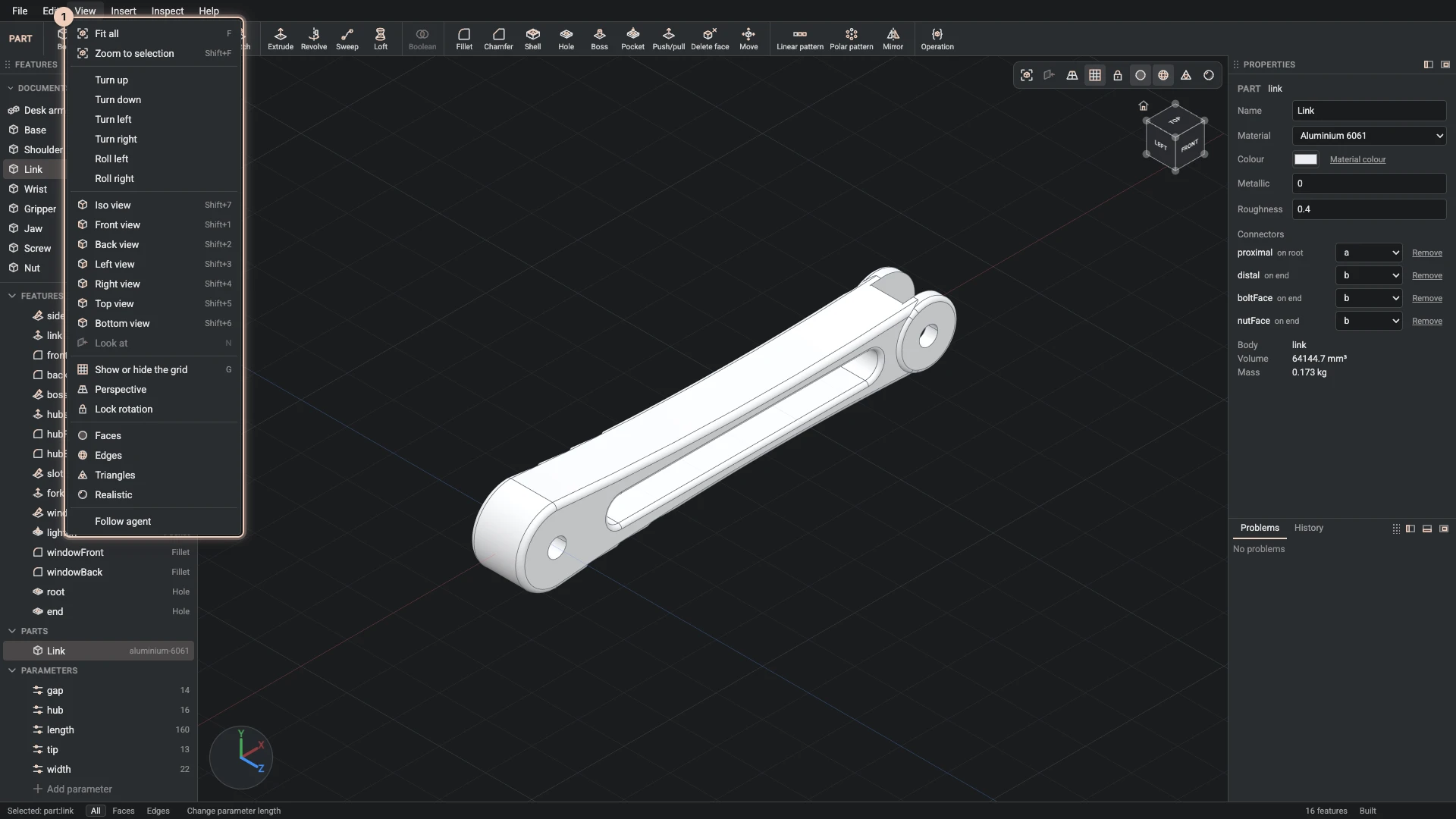 The View menu: zoom to the selection, turn and roll, the named views, the grid, perspective and rotation lock, and how the model is drawn