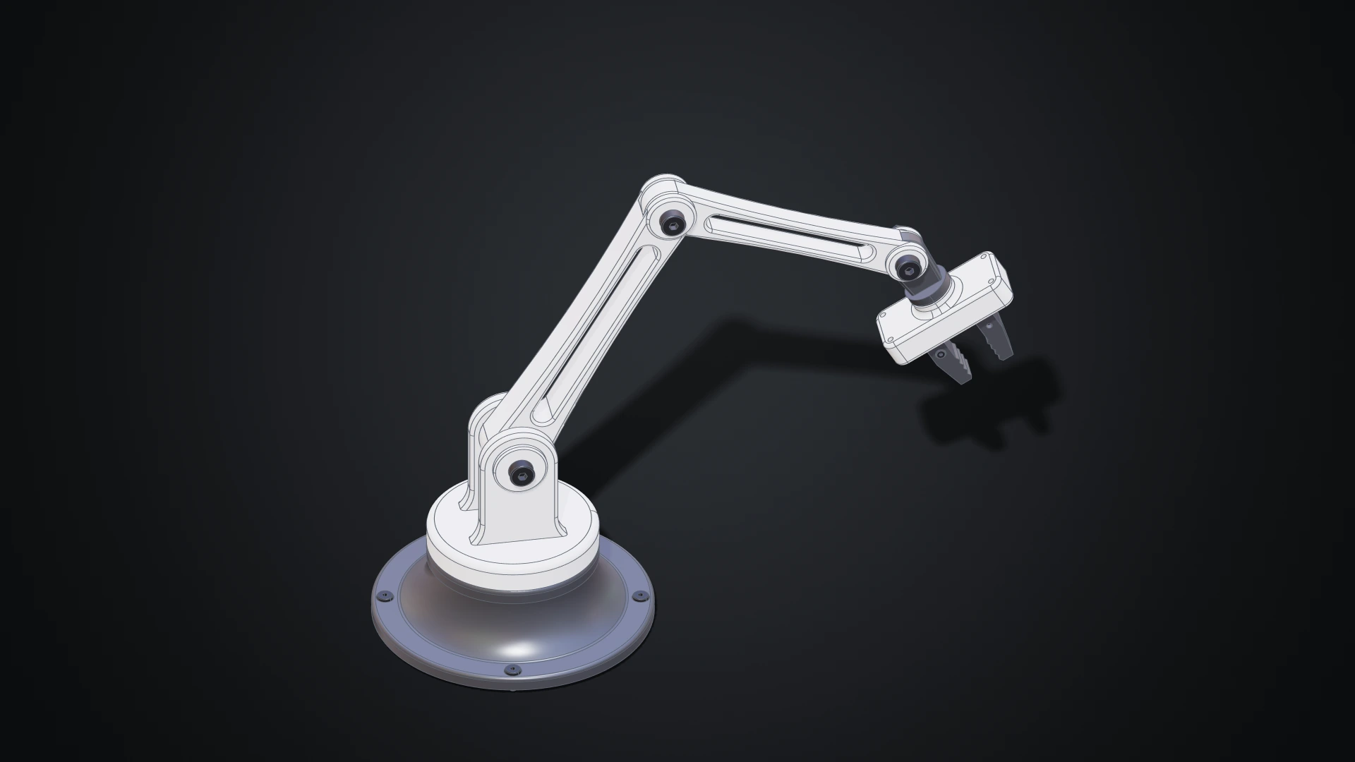 The desk arm the tutorial builds: a weighted base, two links, a wrist and a gripper with a lead screw