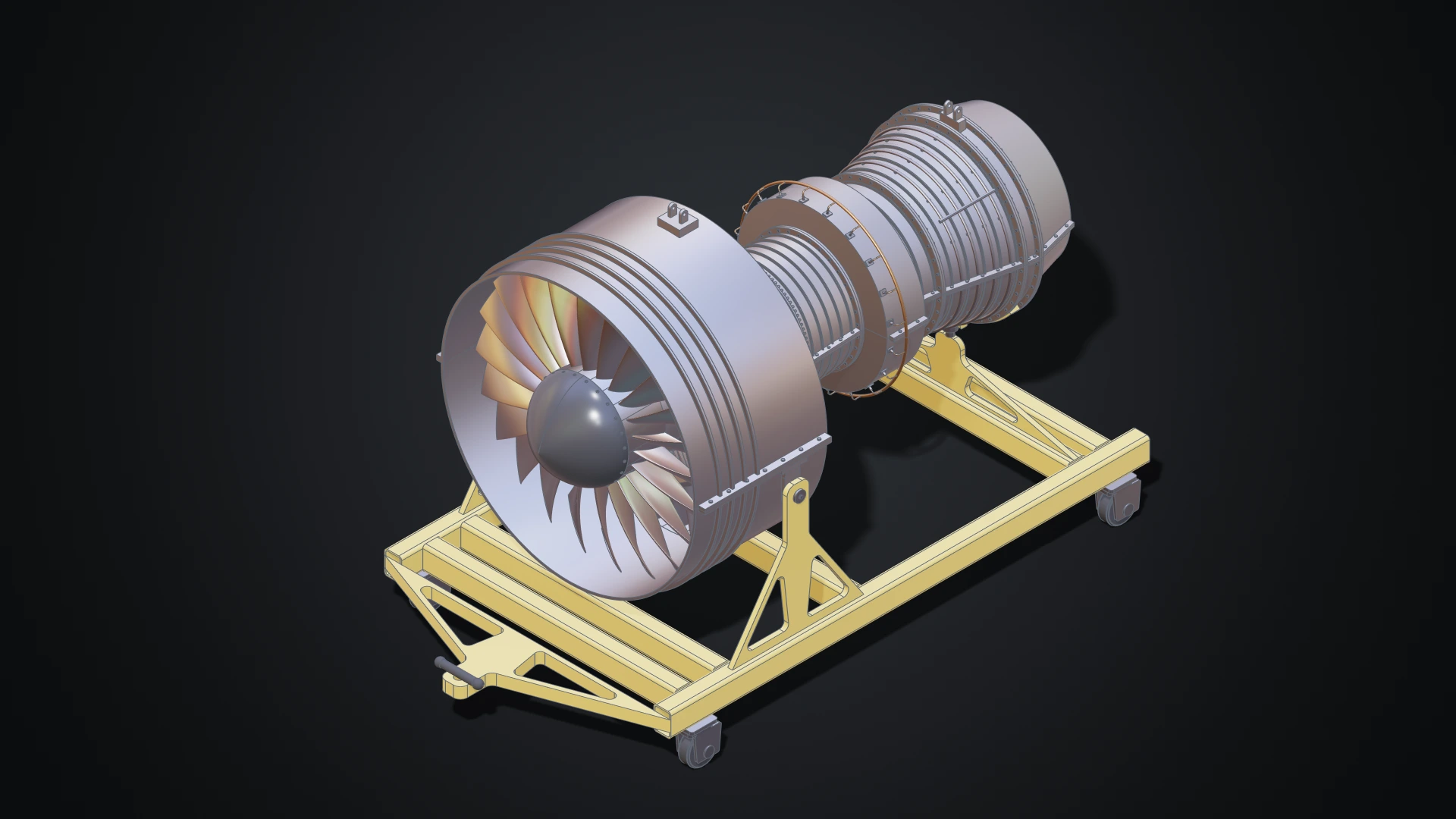 The turbofan engine modelled in the Designer: fan, compressor and turbine stages, casing halves and externals on a stand